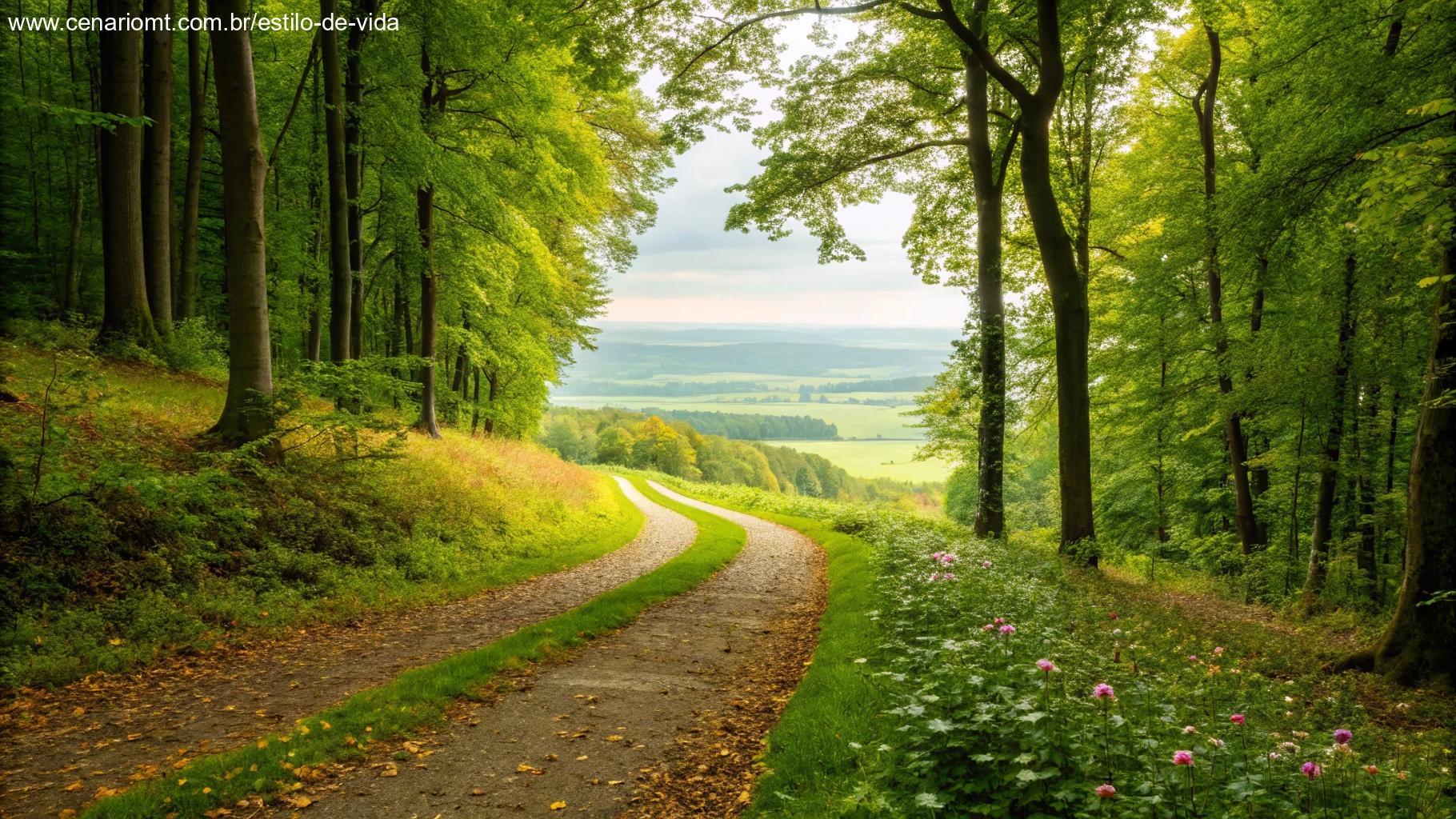 Caminho sinuoso através de uma floresta exuberante levando a um horizonte brilhante