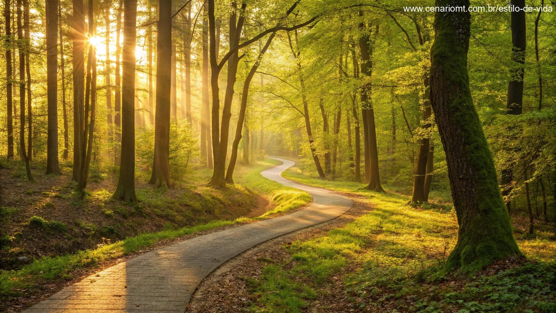 Caminho sinuoso através de uma floresta vibrante com luz dourada filtrando pelas árvores