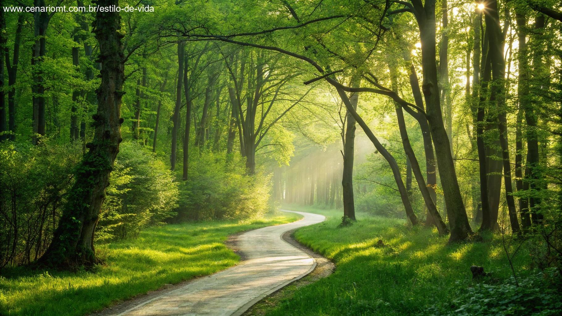 Caminho sinuoso em uma floresta verde com raios de sol passando pelas árvores