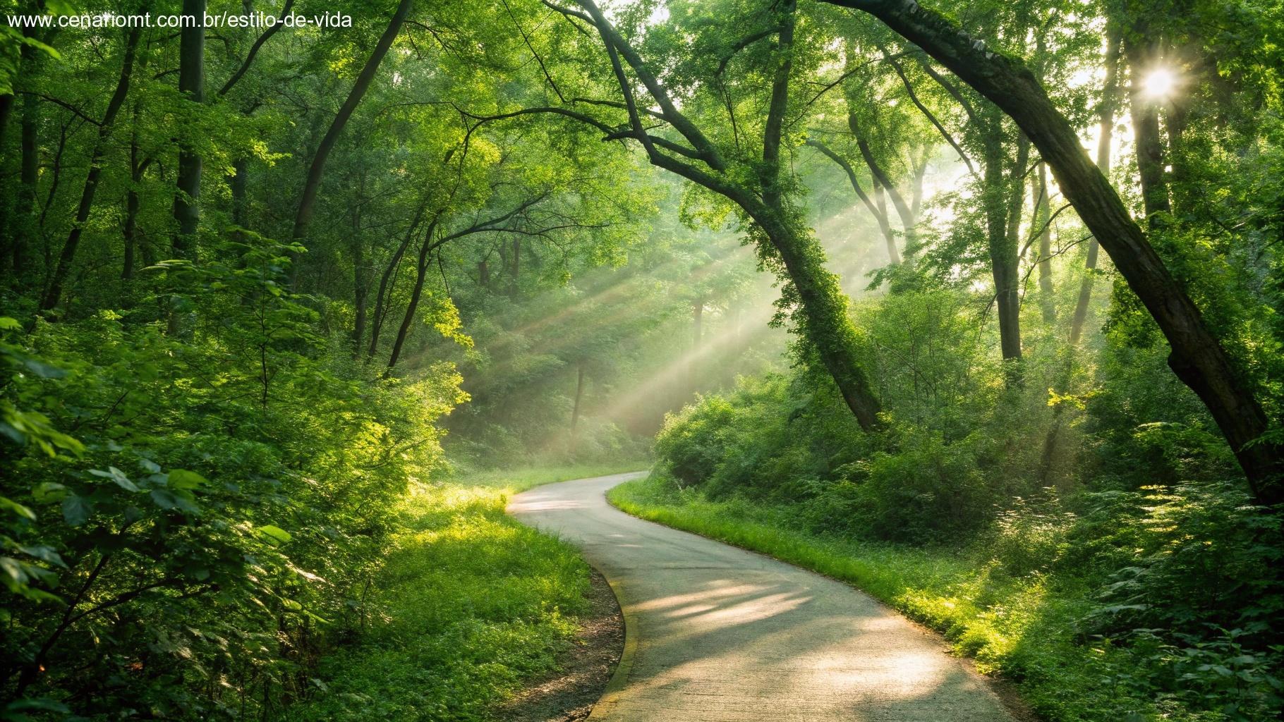 Caminho sinuoso através de uma floresta verde vibrante com raios de sol atravessando a copa das árvores, simbolizando jornada e progresso