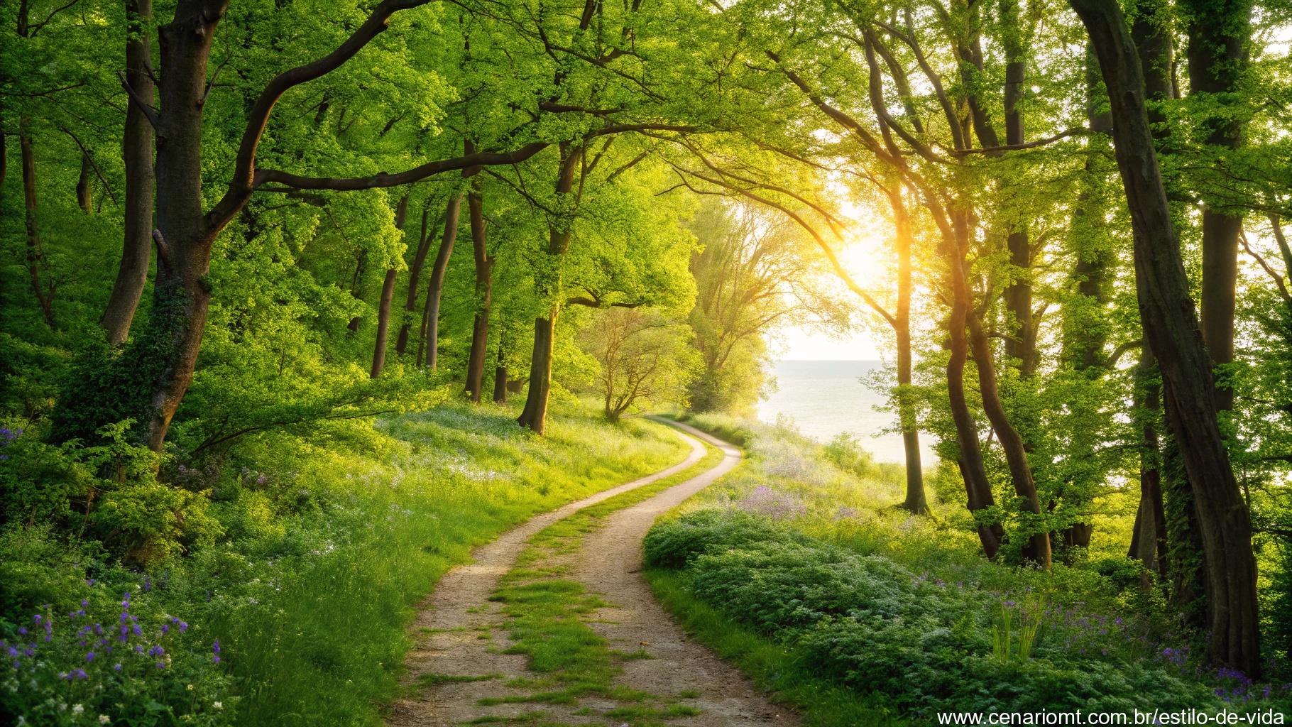 Caminho sinuoso através de uma floresta vibrante levando a um horizonte brilhante