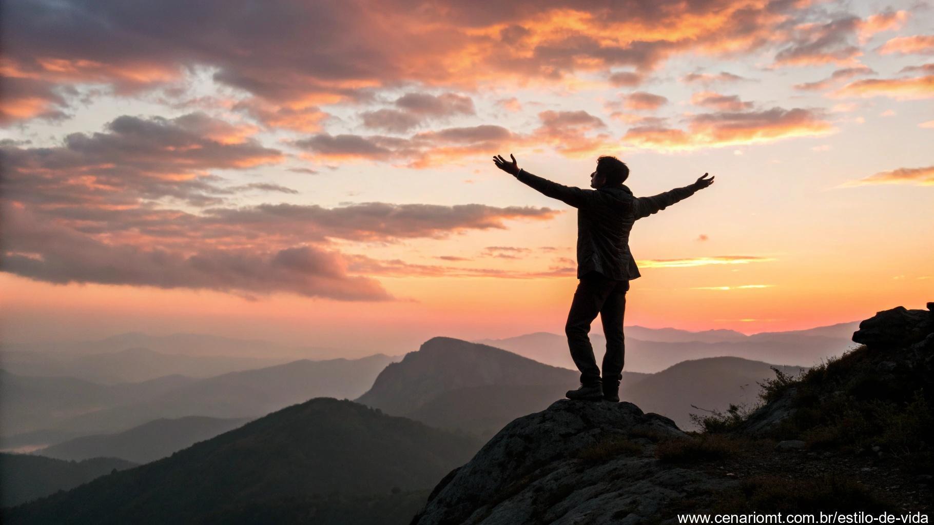 Pessoa em um pico de montanha ao nascer do sol, de braços abertos, celebrando um novo dia