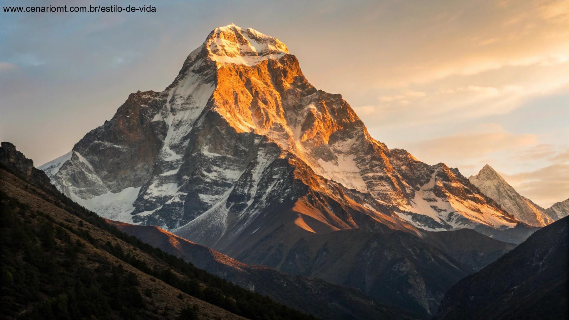 Pico de montanha majestoso ao nascer do sol com luz dourada iluminando as encostas rochosas