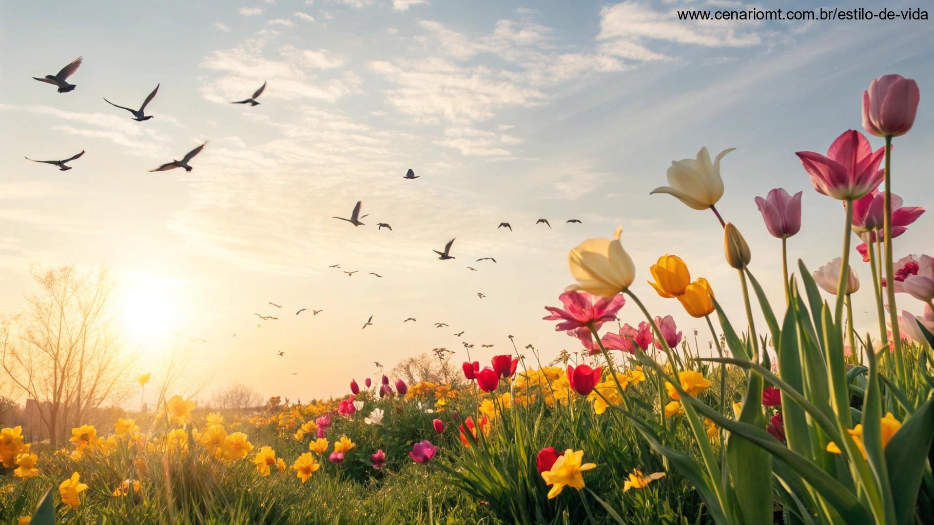 Cenário alegre com flores vibrantes e céu claro para alegrar a manhã de quarta-feira