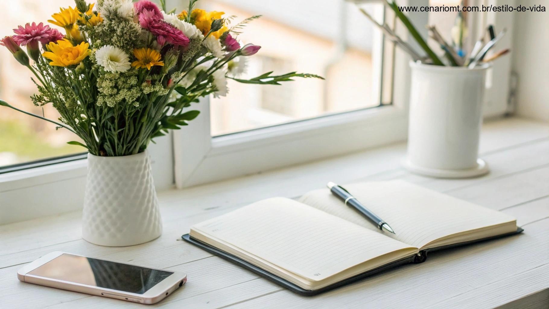 Um espaço de trabalho alegre com um vaso de flores frescas, um caderno aberto com uma caneta, e um smartphone exibindo uma citação motivacional, perfeito para alegrar o WhatsApp na quinta-feira.