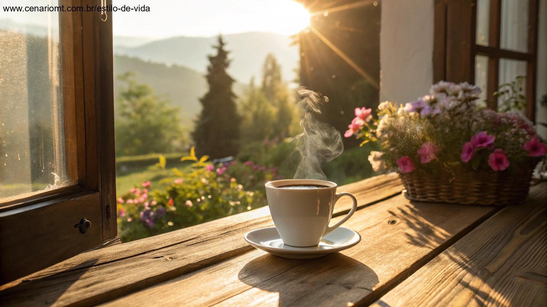 Cenário de manhã acolhedora com café e luz do sol entrando pela janela, representando gratidão