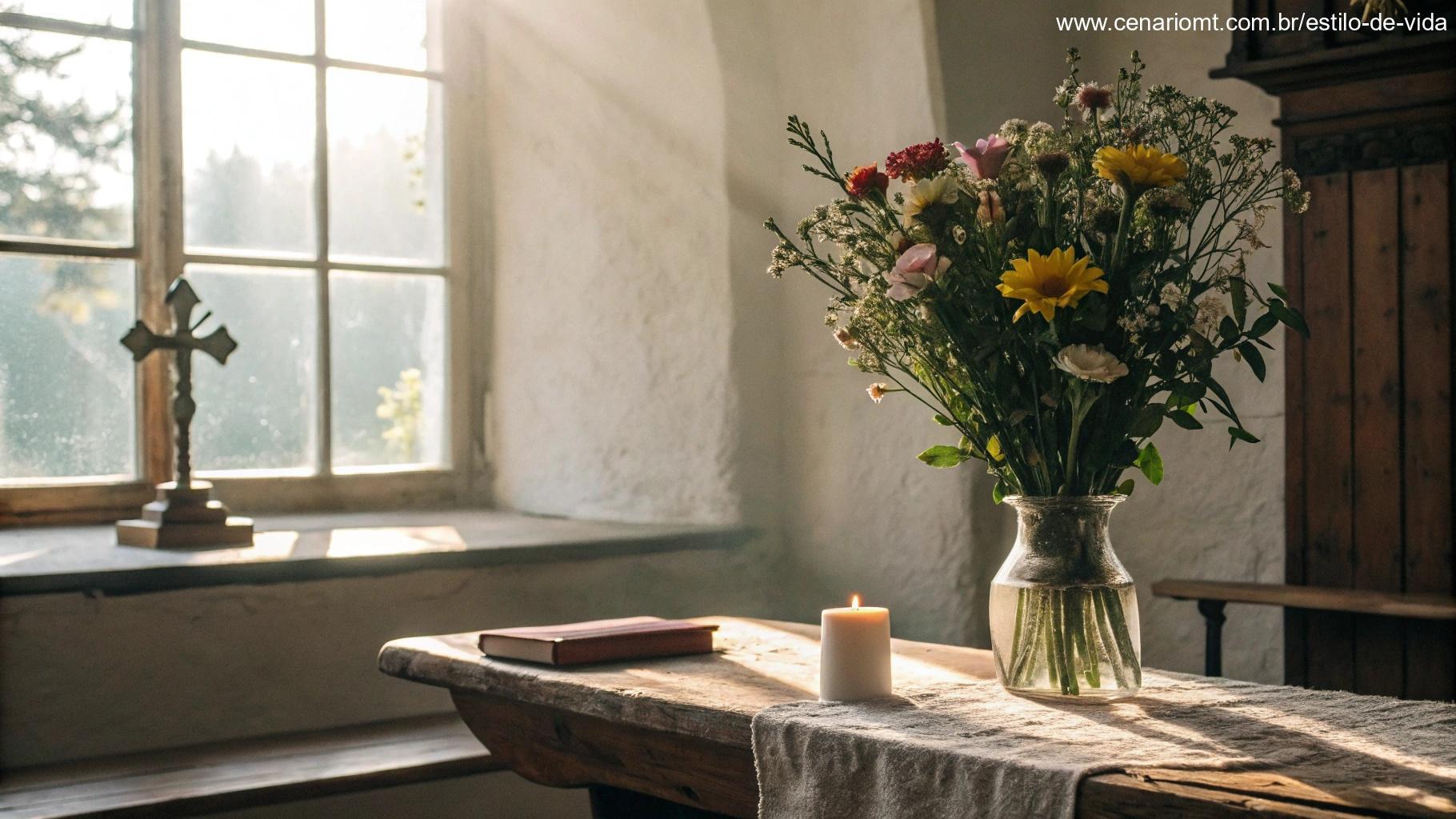 Cenário acolhedor com luz da manhã, flores e símbolos de fé