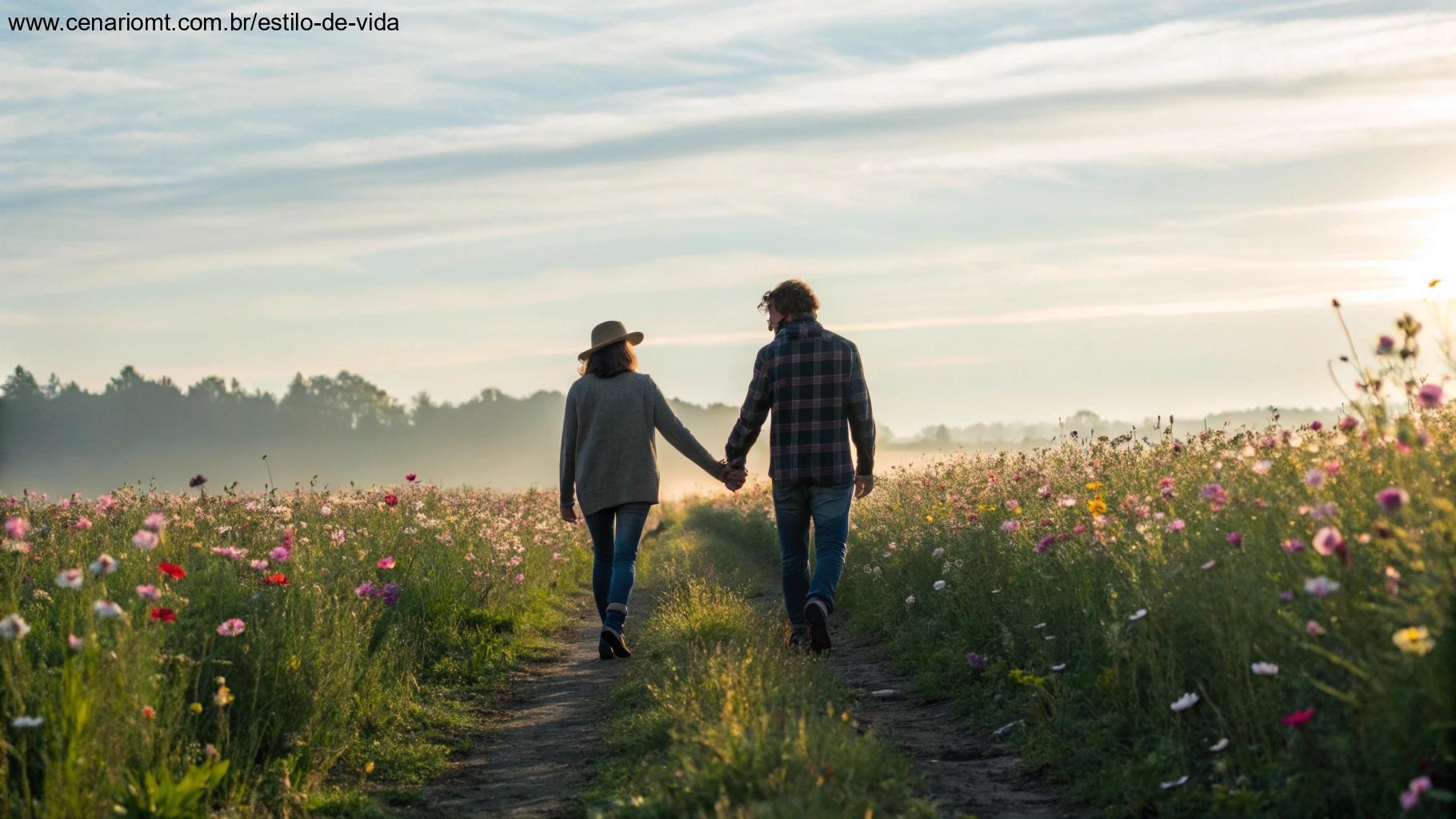 Casal caminhando por campo florido representando amor e conexão