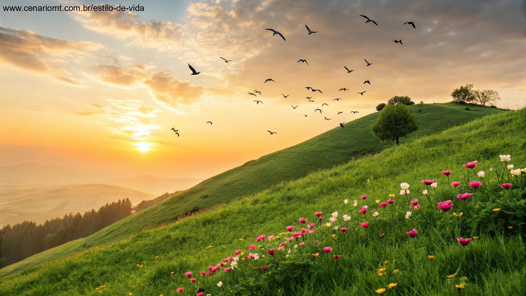 Nascer do sol vibrante com flores e pássaros