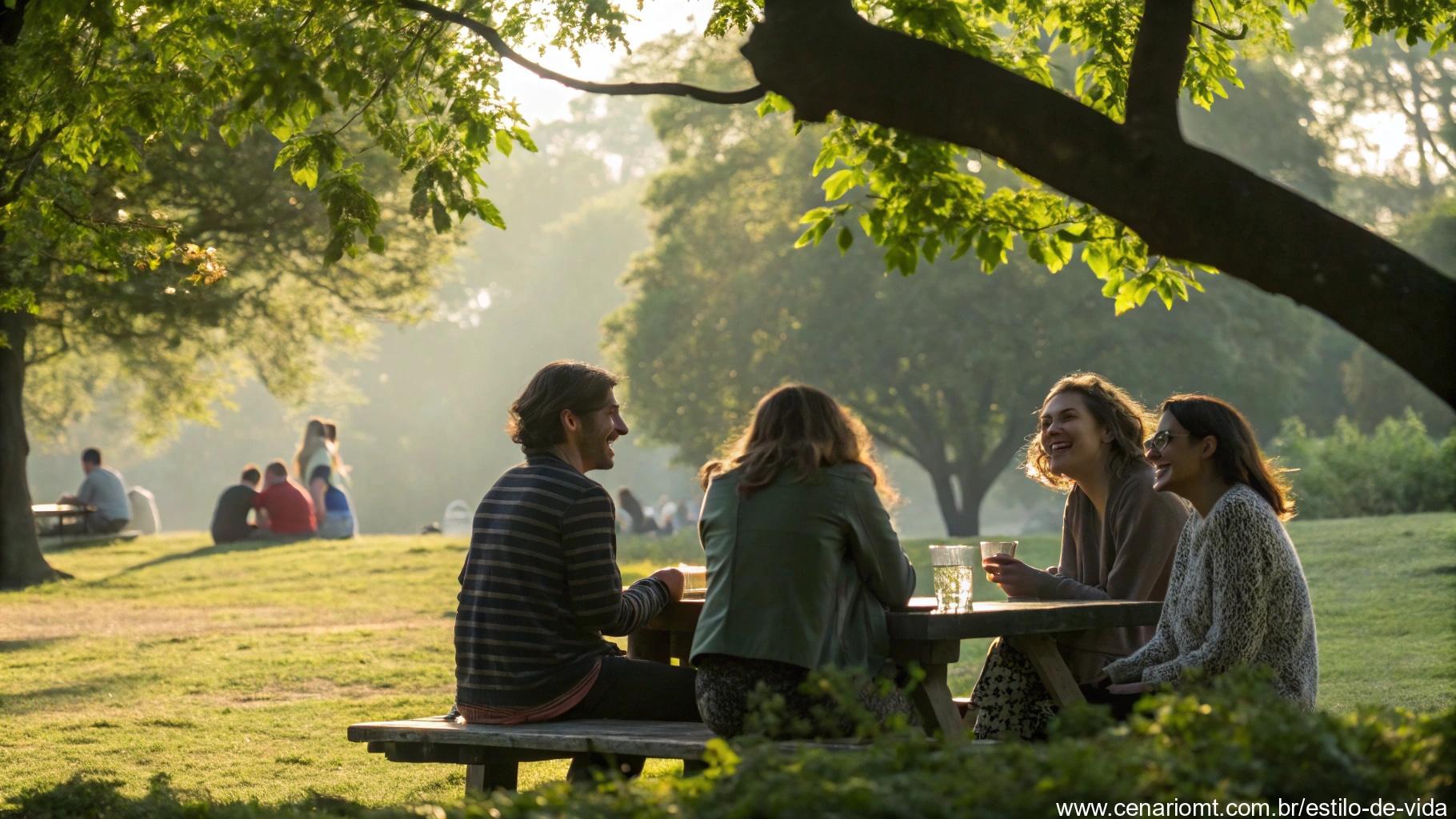 Grupo de amigos reunidos num parque em um domingo ensolarado