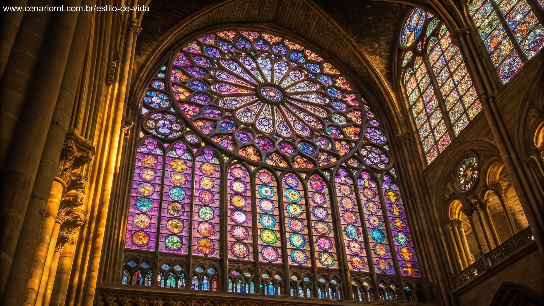 Vitral com padrões intrincados e cores radiantes, projetando reflexos de luz bonitos