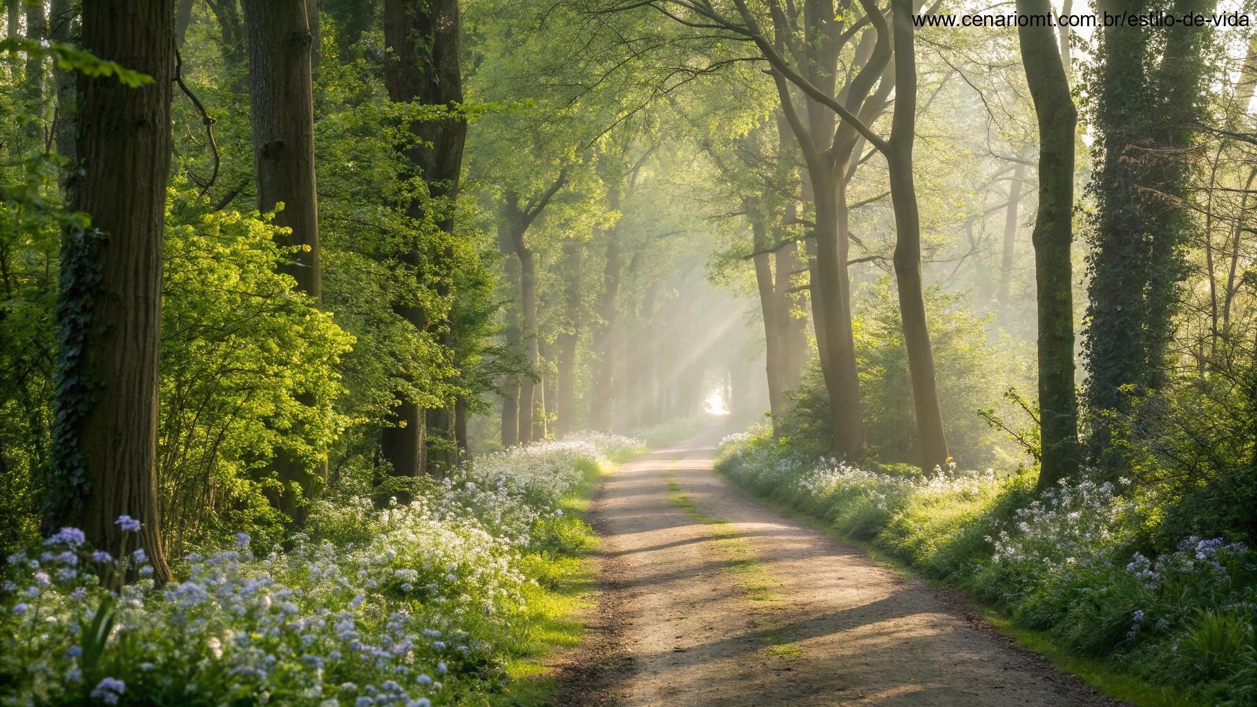 Trilha iluminada pelo sol em meio à floresta simbolizando inspiração
