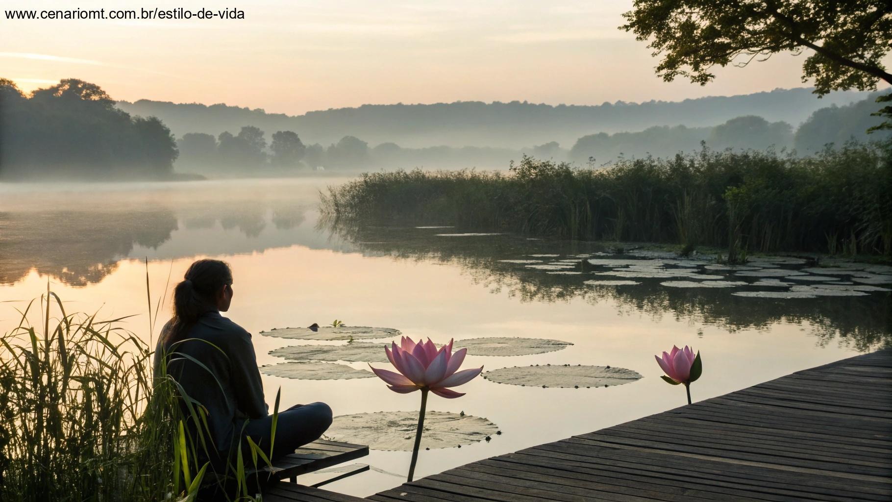 Margem tranquila de um lago ao amanhecer com flores de lótus