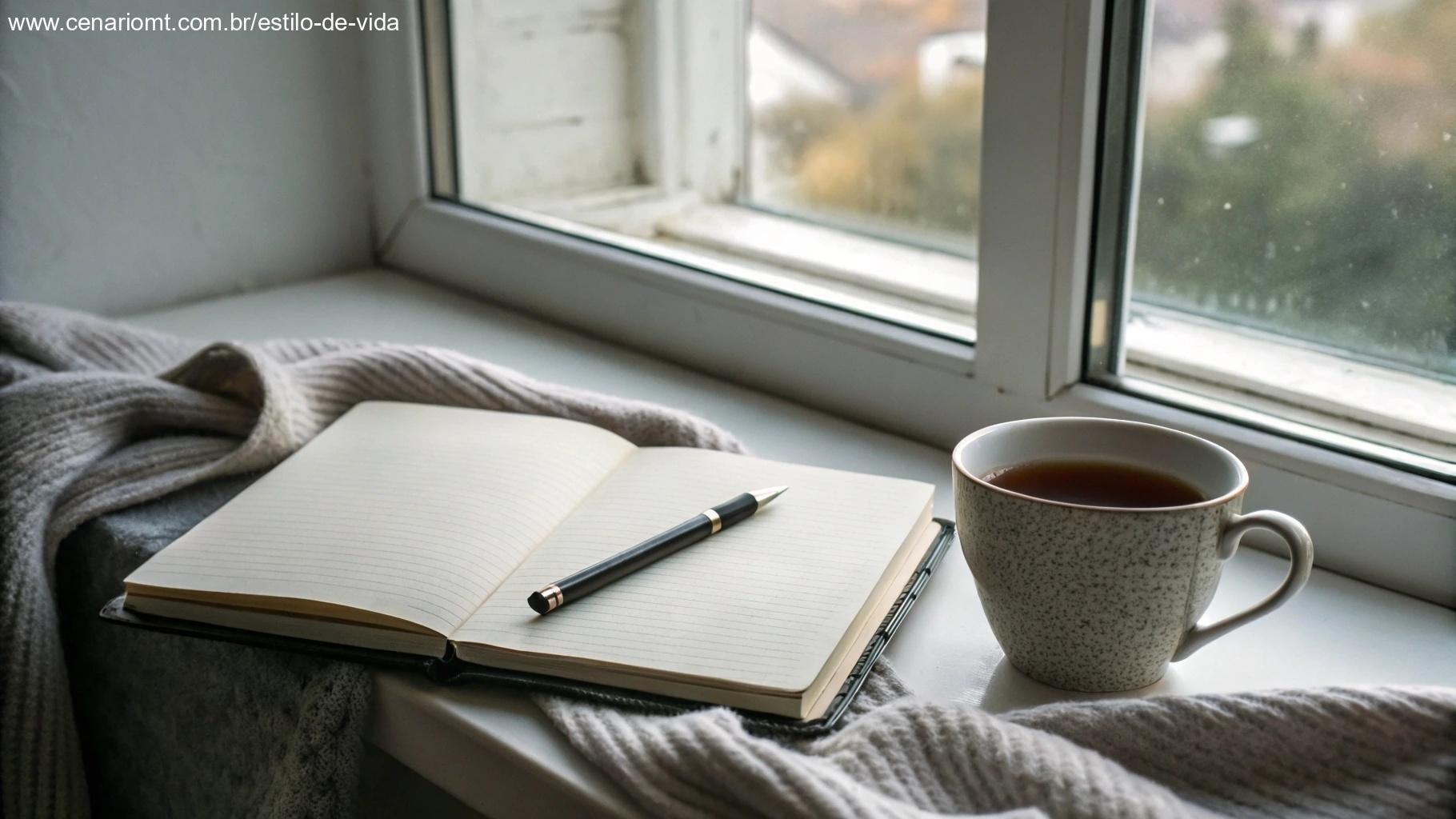 Cena tranquila com caderno e chá para inspirar reflexões no WhatsApp