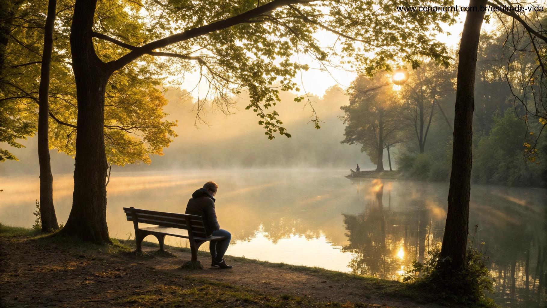 Pessoa refletindo ao amanhecer de domingo à beira de um lago calmo