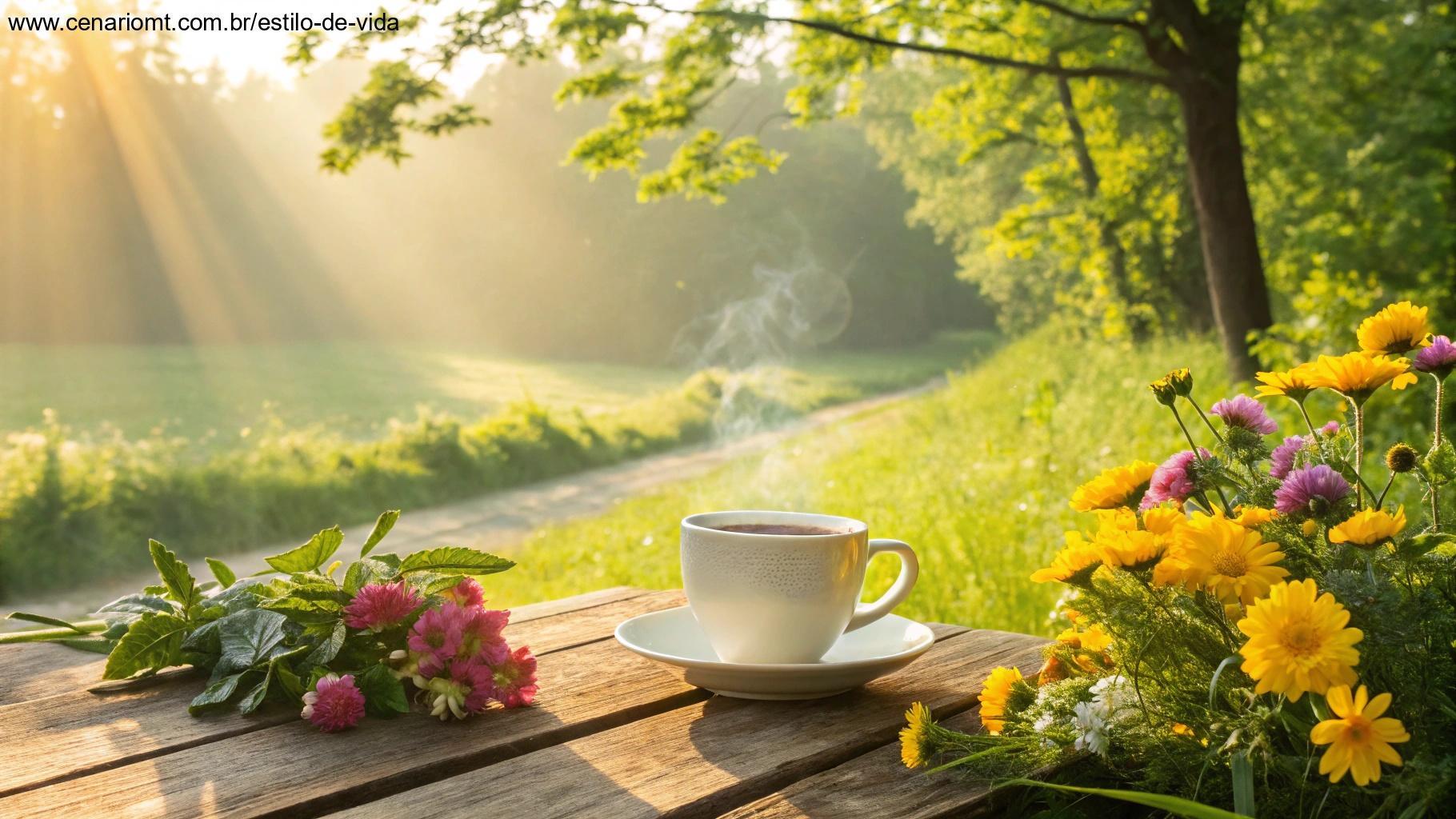 Cenário alegre com flores e café para frases de bom dia no sábado