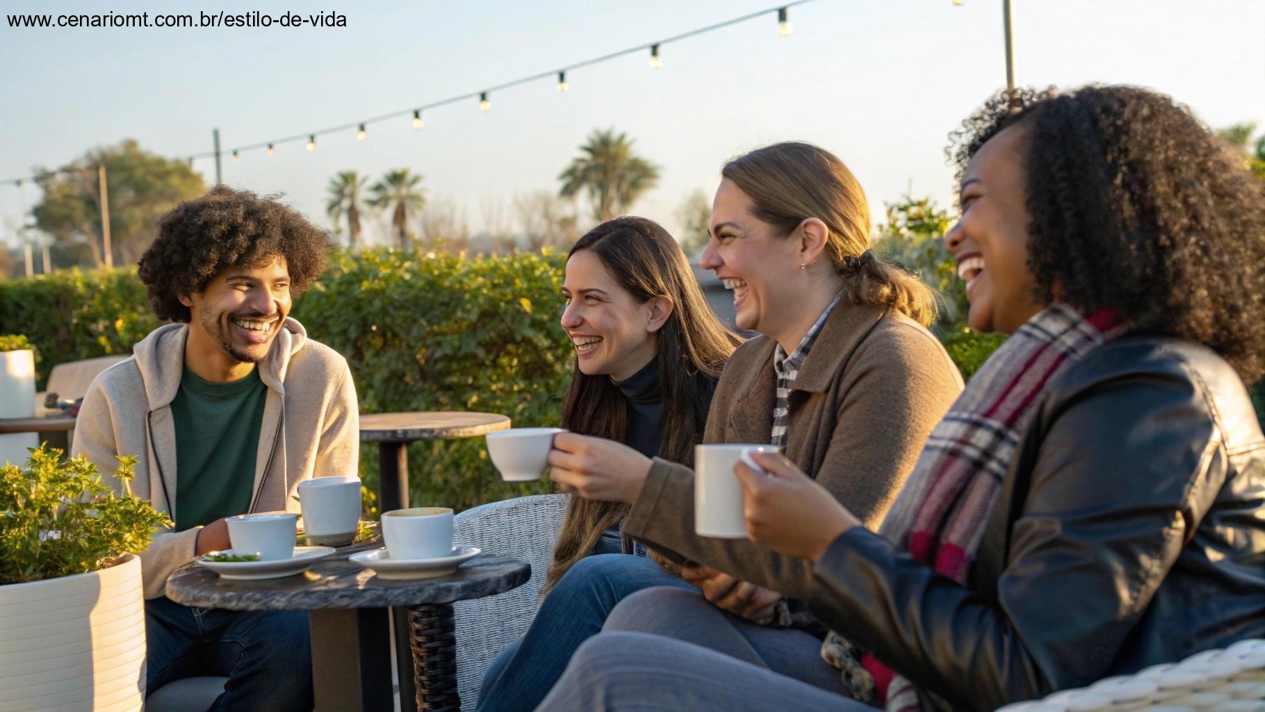 Grupo de pessoas felizes tomando café ao ar livre