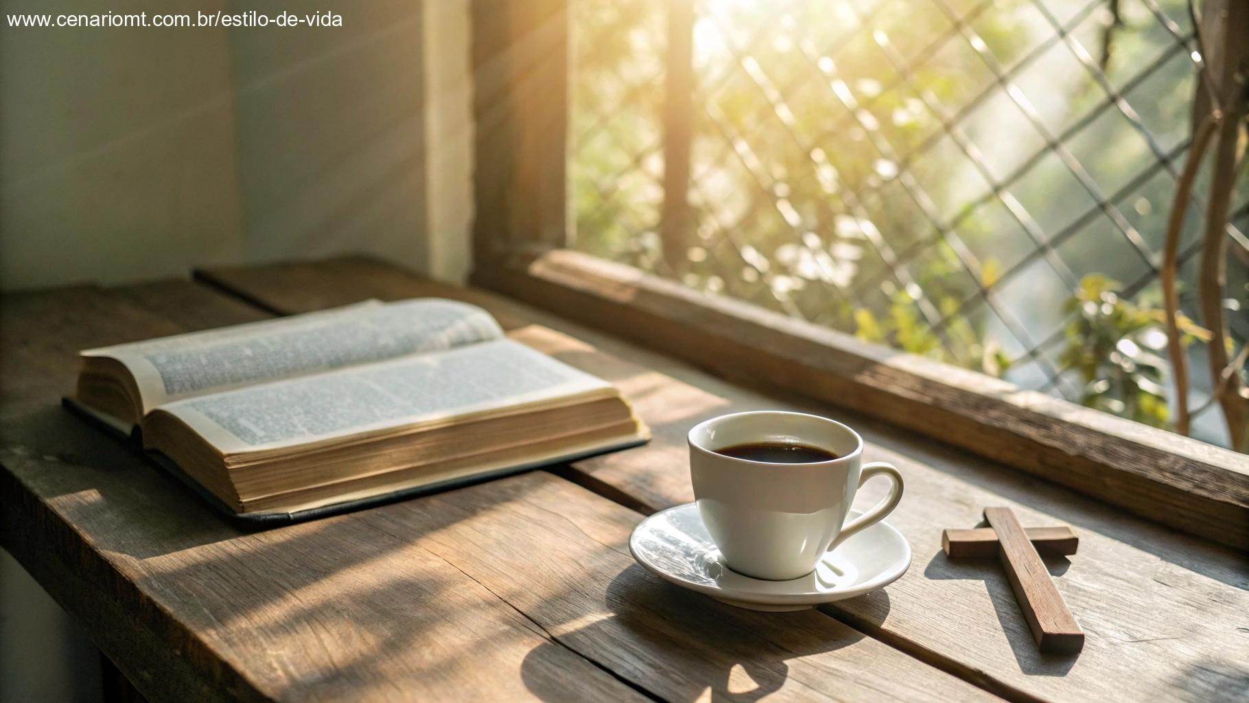 Imagem de uma mesa com uma Bíblia, café e cruz iluminados pelo sol da manhã