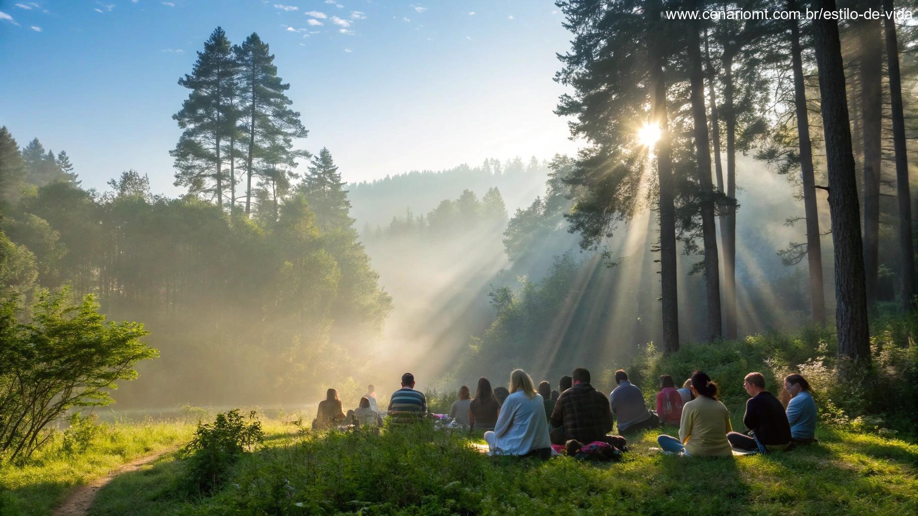 Grupo de pessoas em reflexão espiritual em meio à floresta ao amanhecer