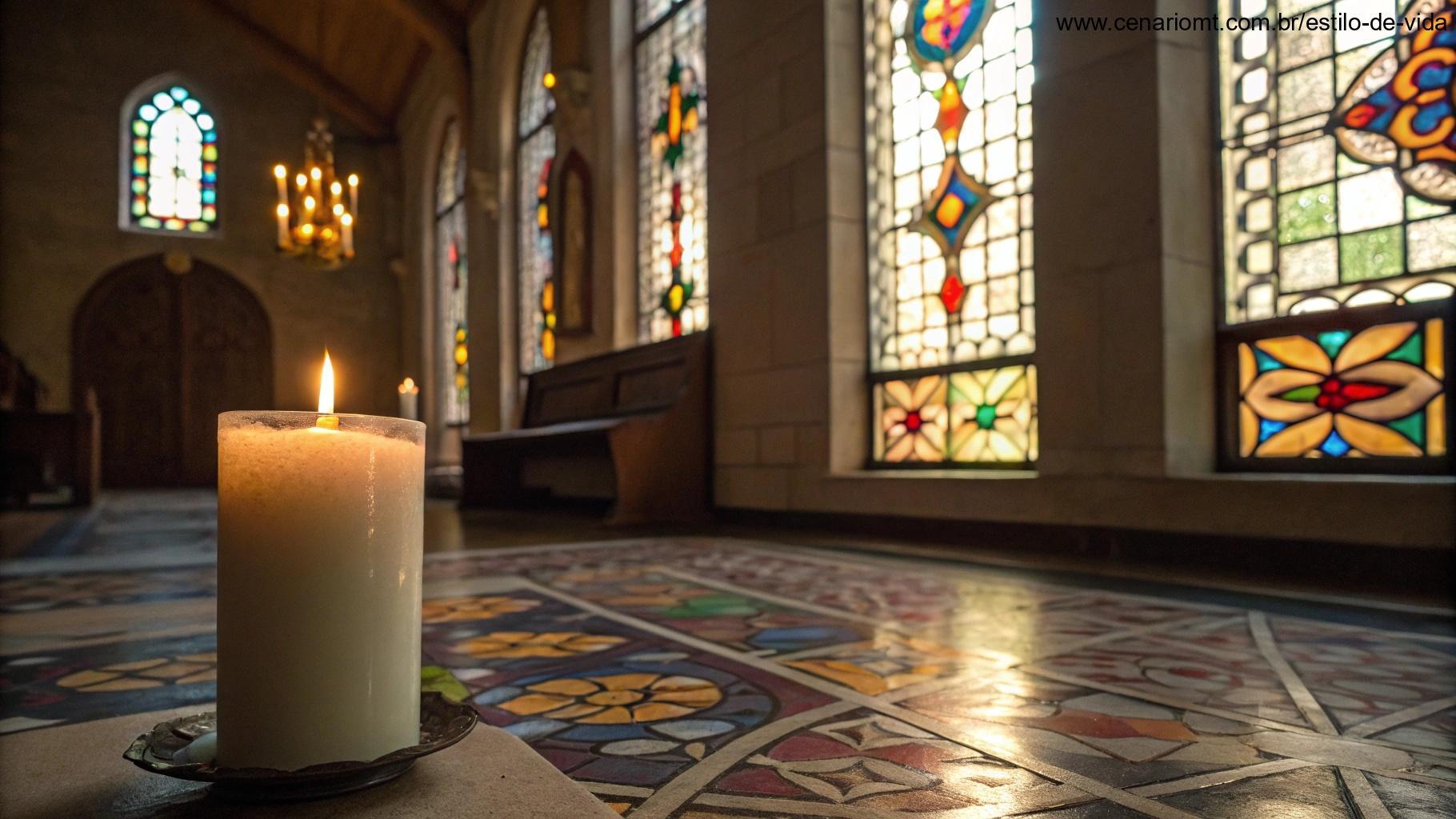 Cena religiosa tranquila com luz suave filtrando através de vitrais, uma vela queimando suavemente em primeiro plano e uma atmosfera serena, representando fé e devoção.