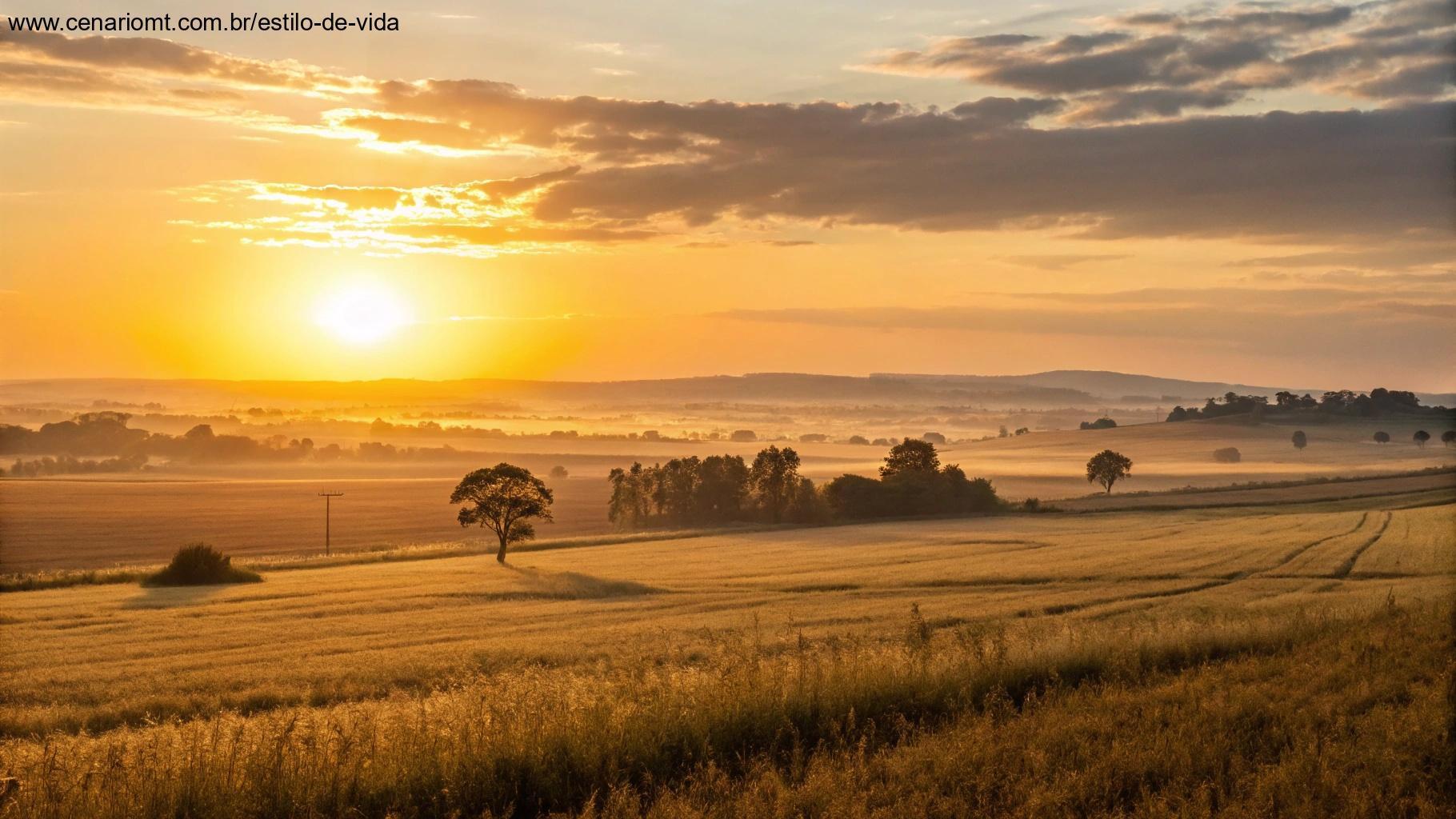 O amanhecer sobre um vasto campo aberto com luz dourada se estendendo pelo horizonte, simbolizando esperança e novos começos.