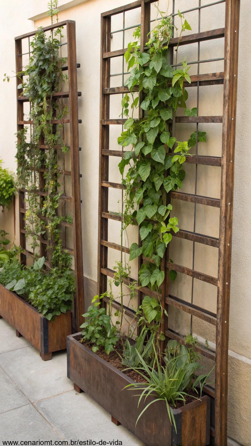 Grades reaproveitadas com plantas decorando a parede
