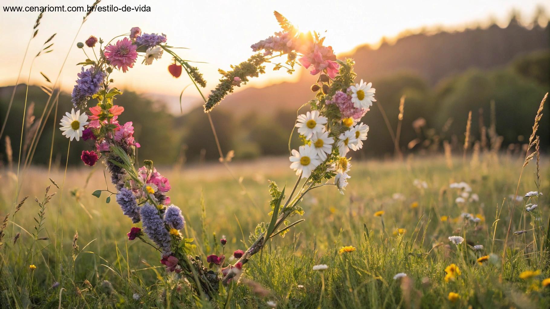 Coração formado por flores em um campo ensolarado, simbolizando gratidão.