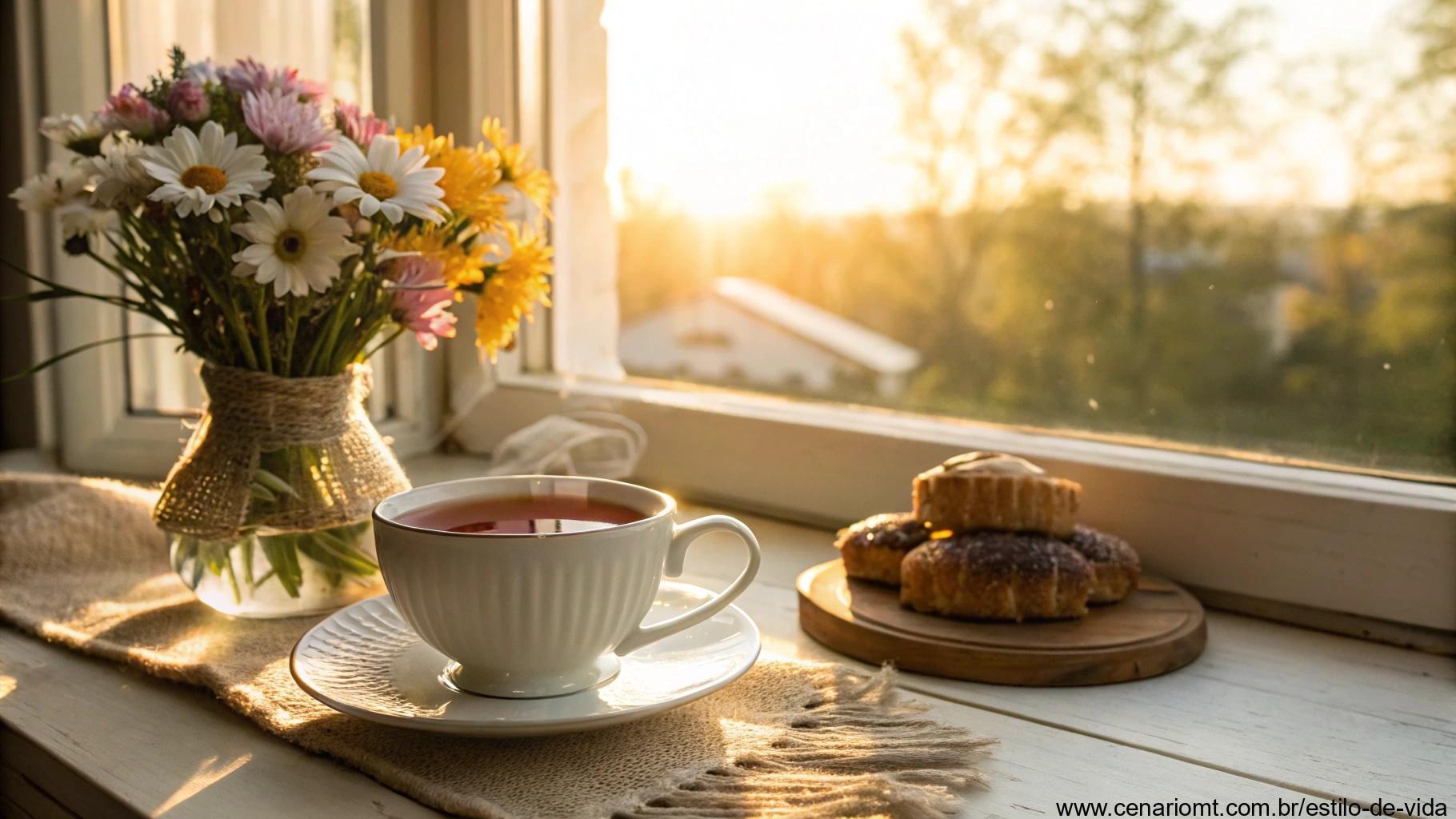 Café da manhã acolhedor com luz do sol e flores na mesa