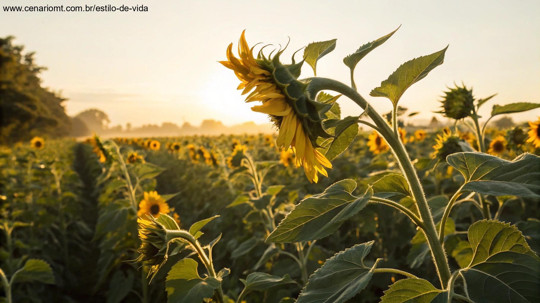 Campo de girassóis com um flor em destaque levemente inclinada
