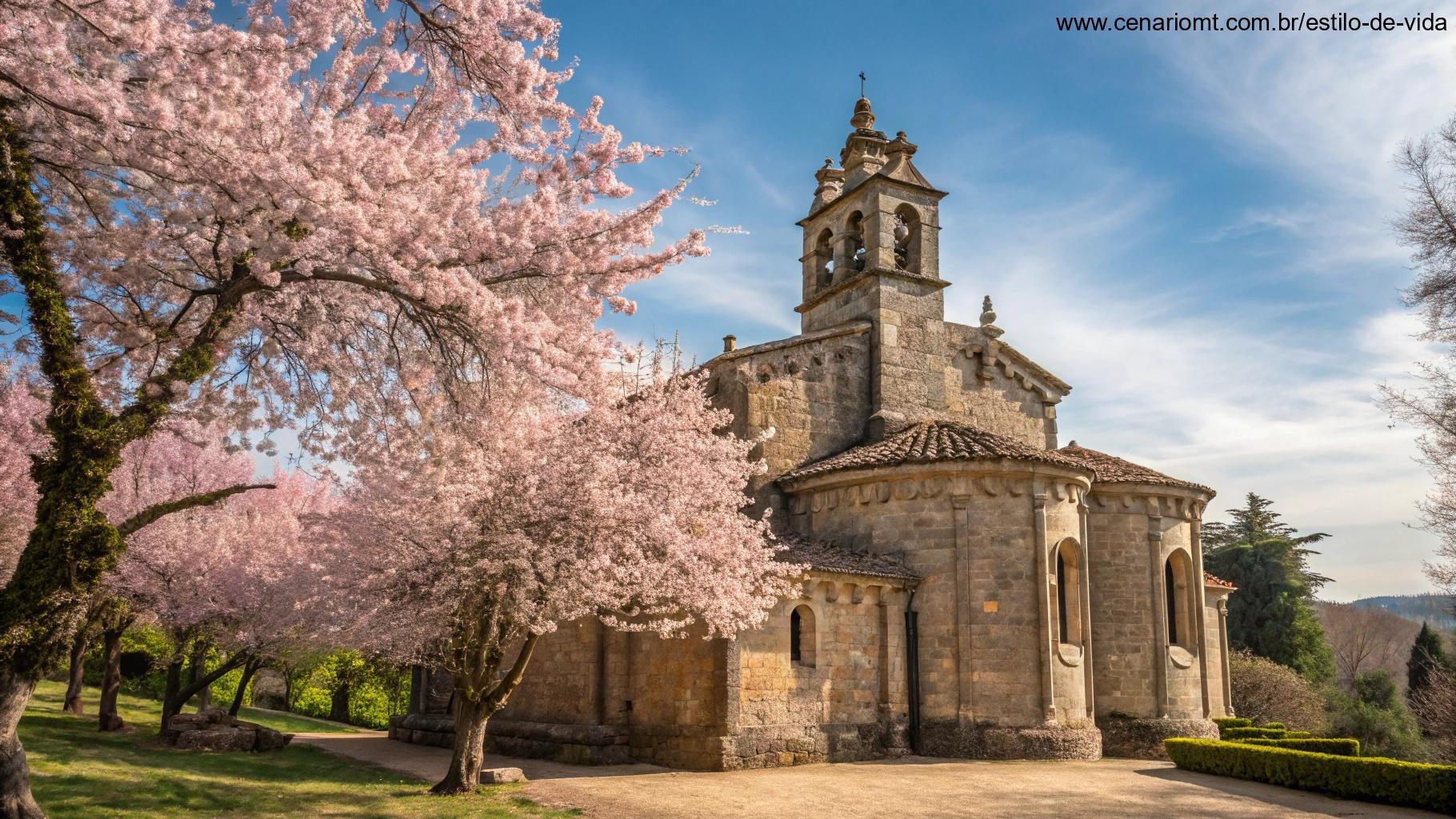 Imagem de uma antiga igreja de pedra cercada por árvores floridas sob um céu azul, evocando a história do santo celebrado em 29/04/2025
