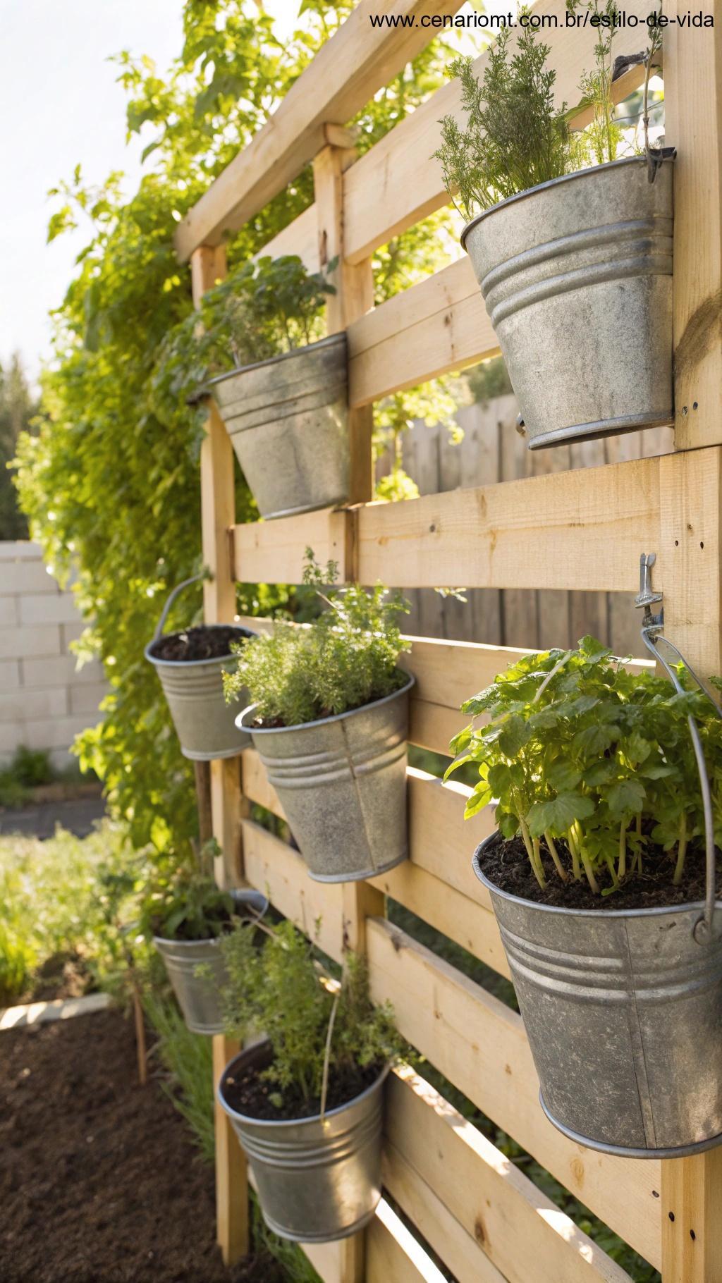 Horta vertical improvisada com baldes pendurados em pallet de madeira