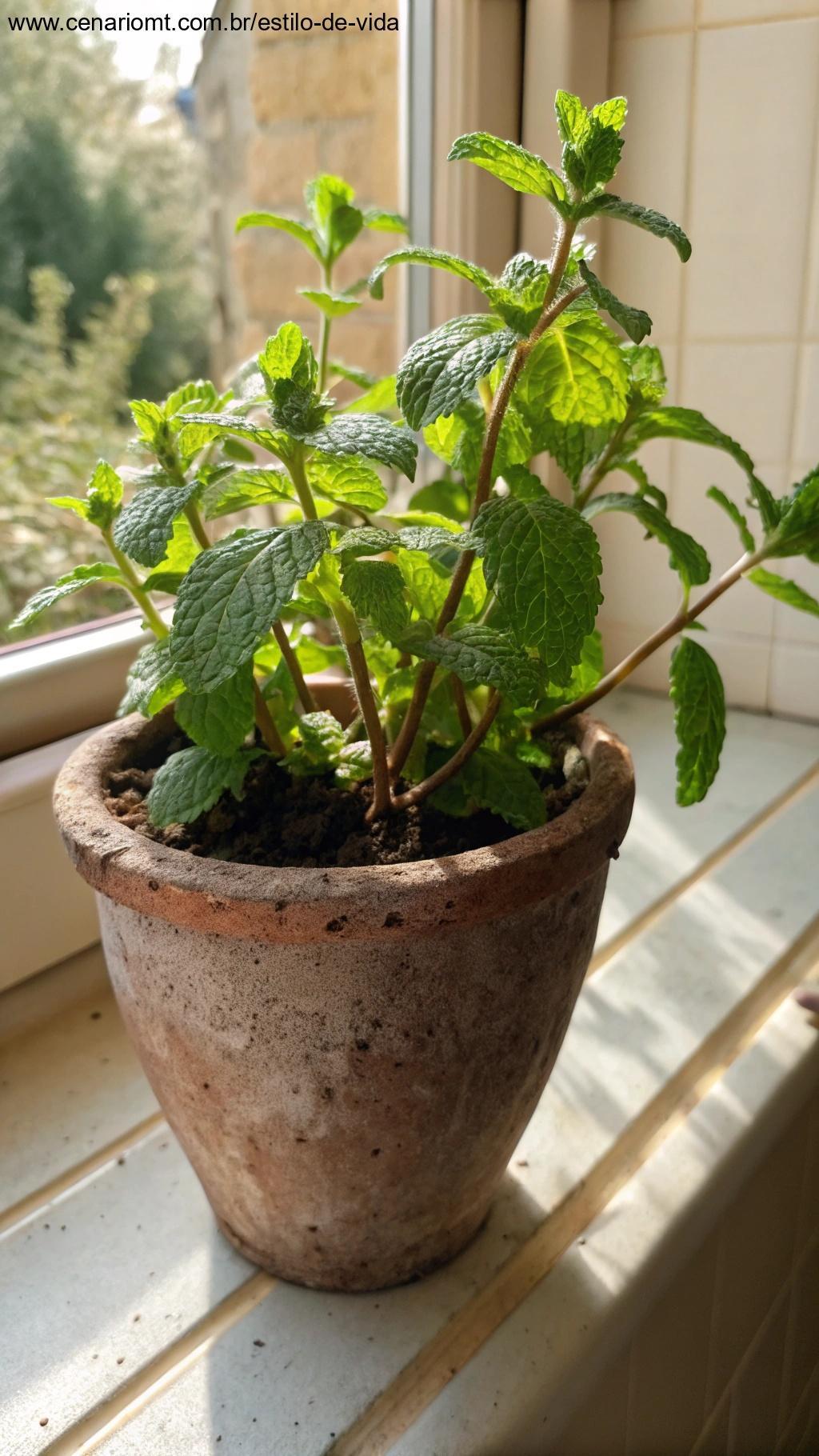 Hortelã em vaso rústico com folhas verdes enrugadas