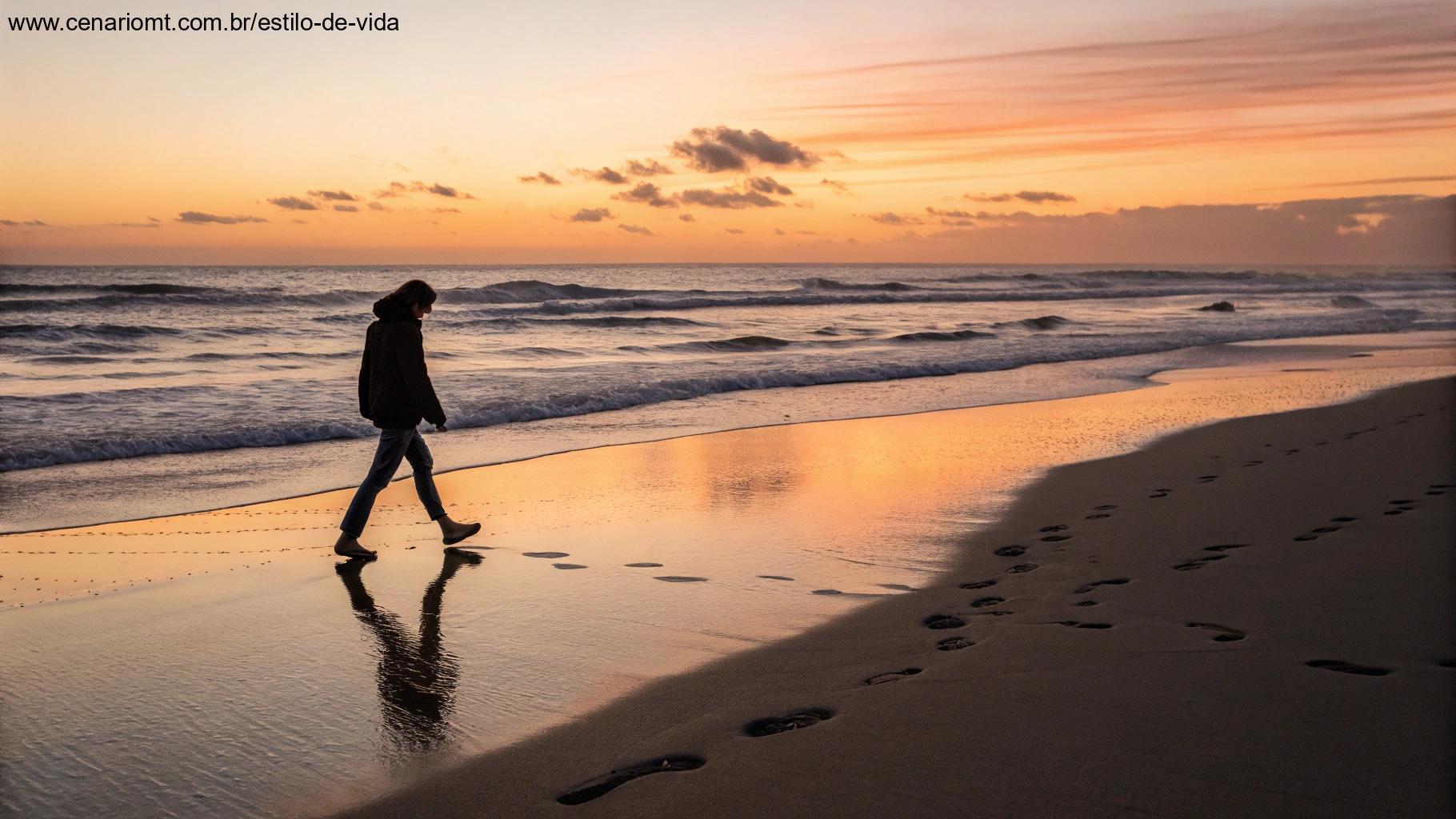 Pessoa caminhando na praia ao pôr do sol, pegadas na areia, ondas calmas do oceano