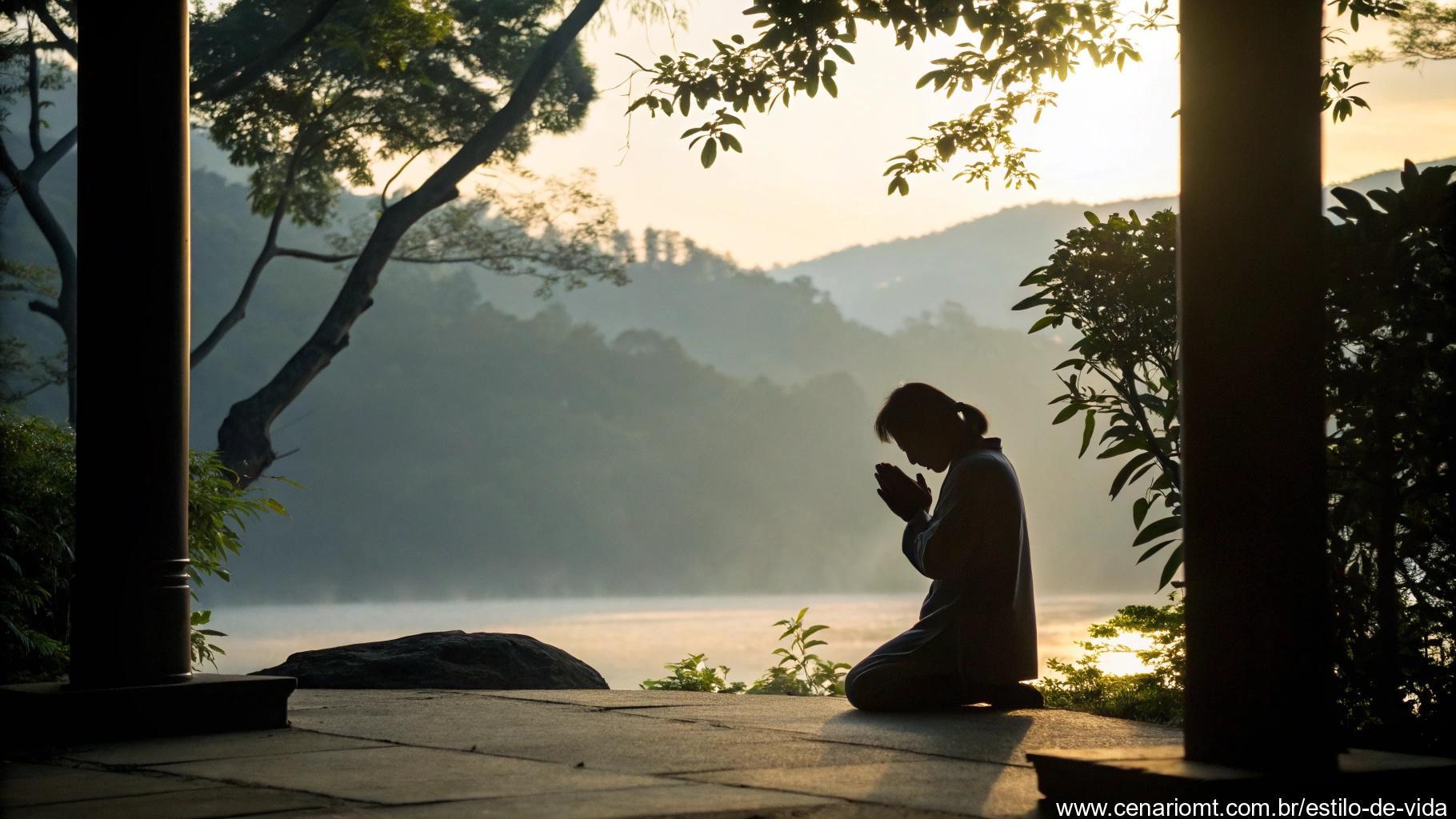 Imagem serena e calmante de uma pessoa orando em um ambiente tranquilo, enfatizando a importância da oração diária e da conexão com Deus.