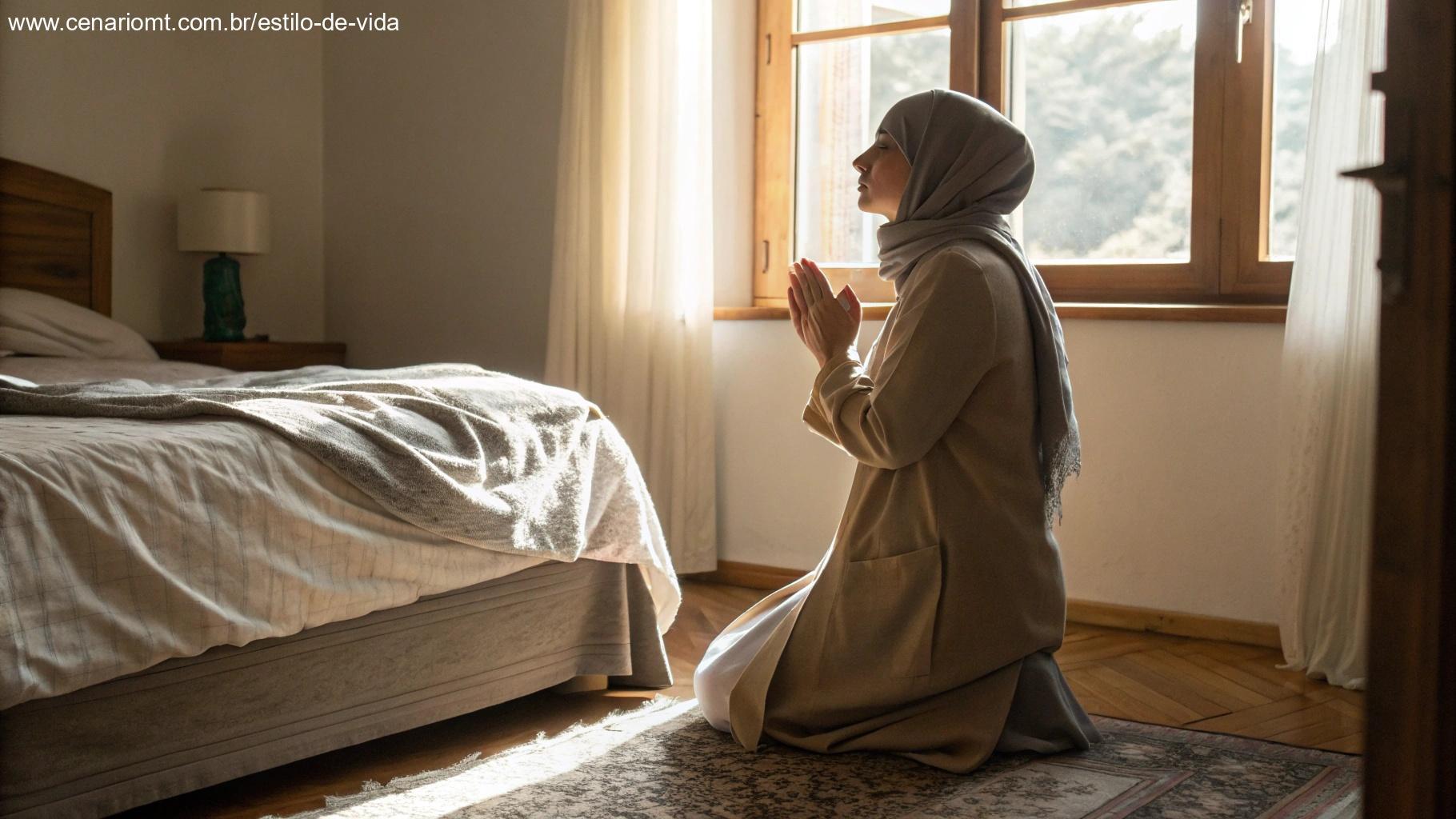 Mulher orando ao lado da cama em um ambiente acolhedor, representando o início da semana com fé