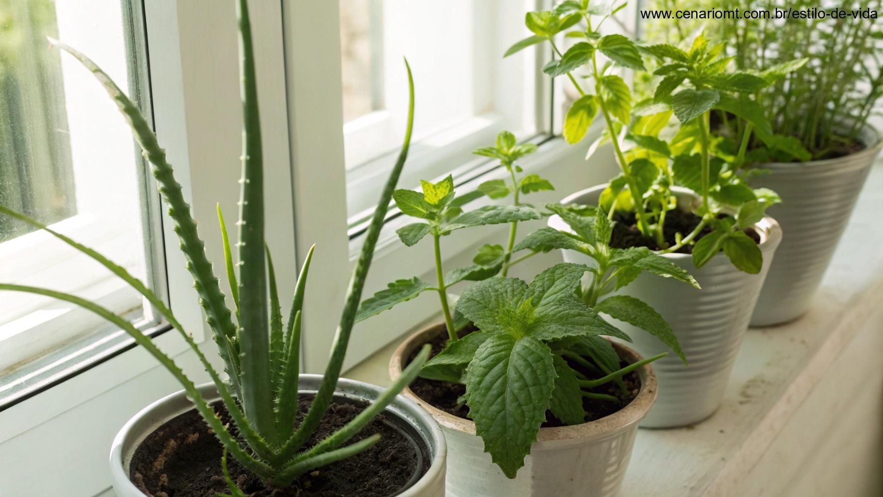 Plantas medicinais cultivadas em vasos na janela