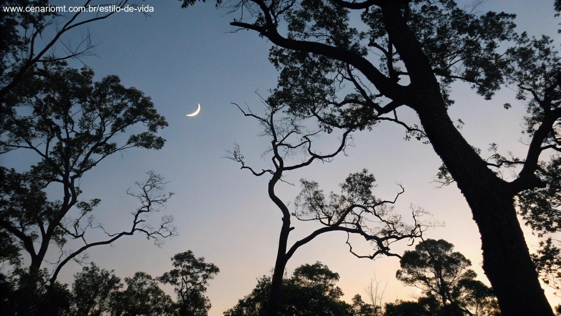 Silhueta de árvores com lua crescente no céu crepuscular