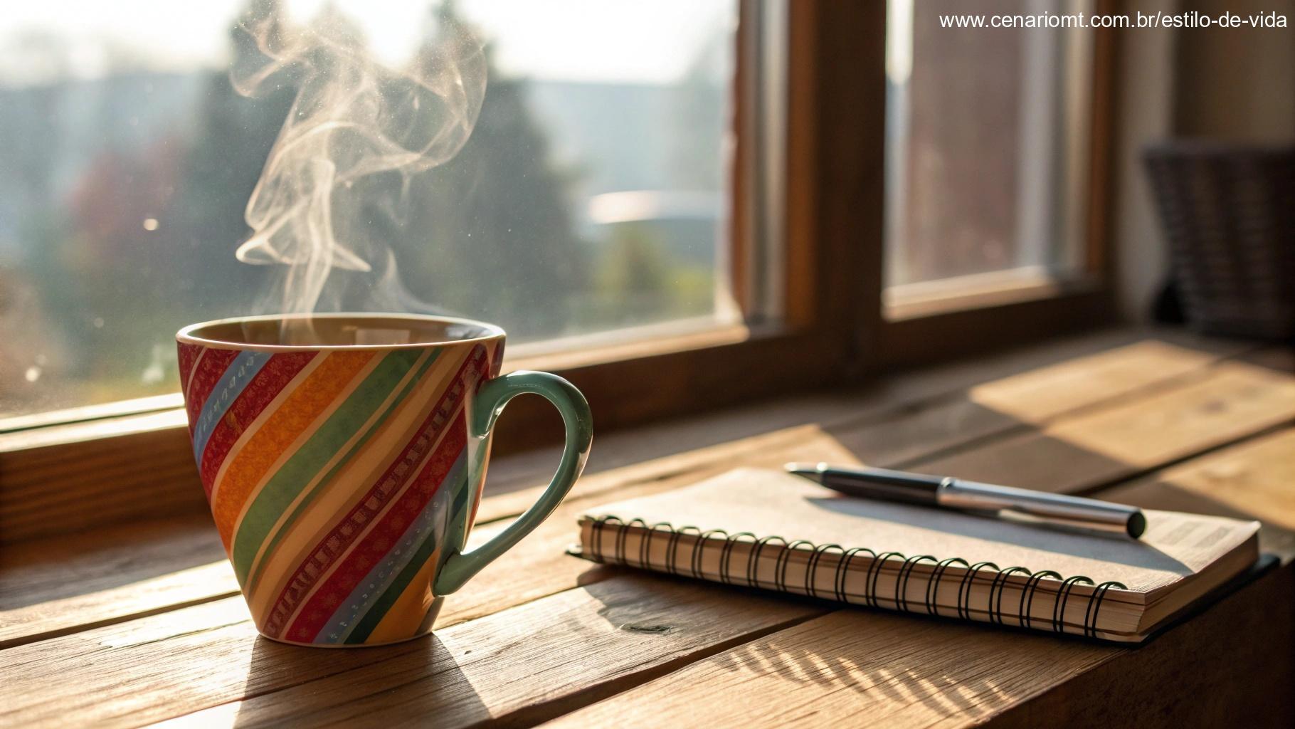 Xícara de café vibrante com vapor subindo, em uma mesa de madeira ao lado de um caderno e caneta, com luz matinal suave