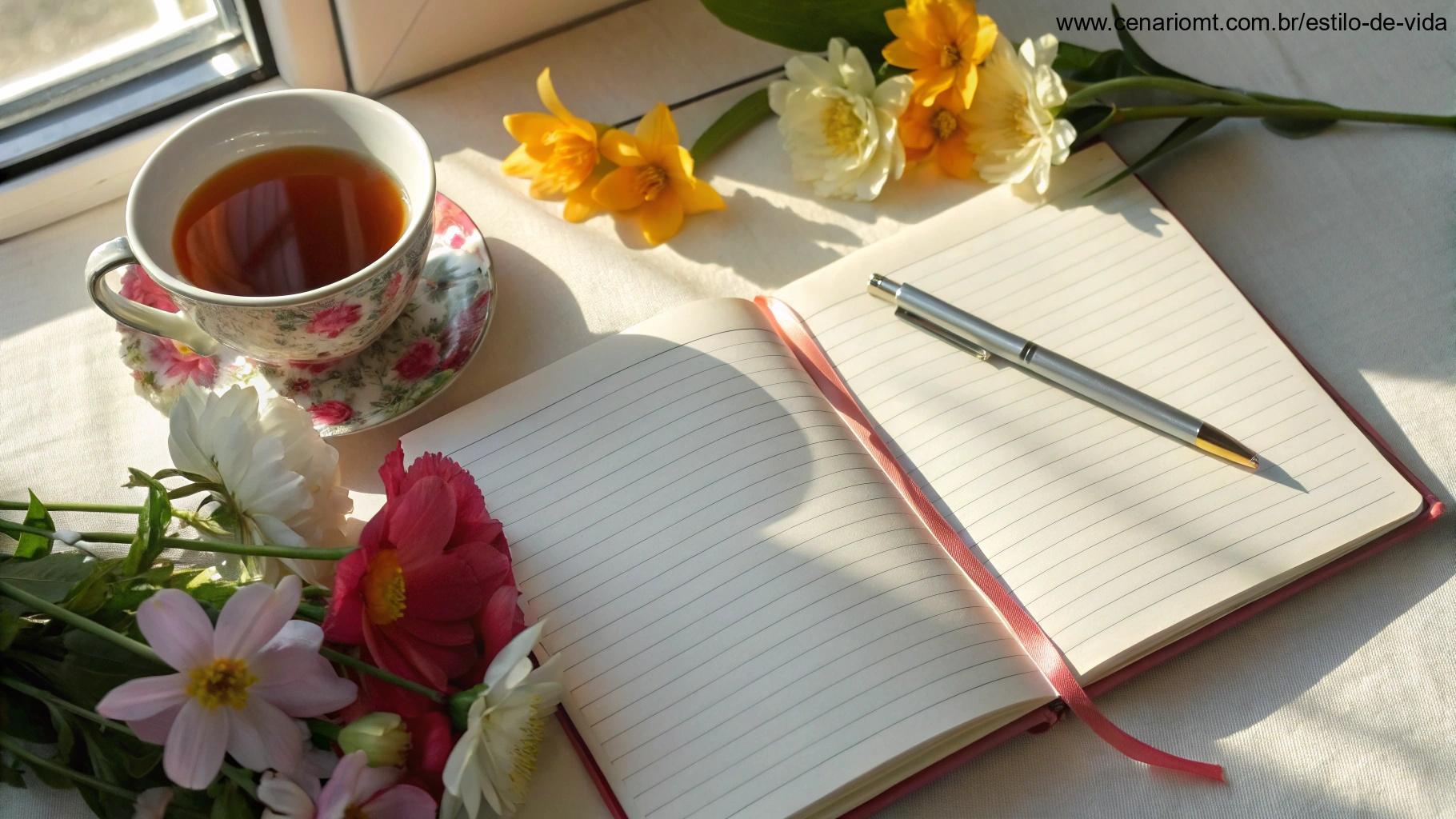 Caderno aberto com uma caneta sobre ele, cercado por flores frescas e uma xícara de chá quente, com luz do sol entrando pela janela