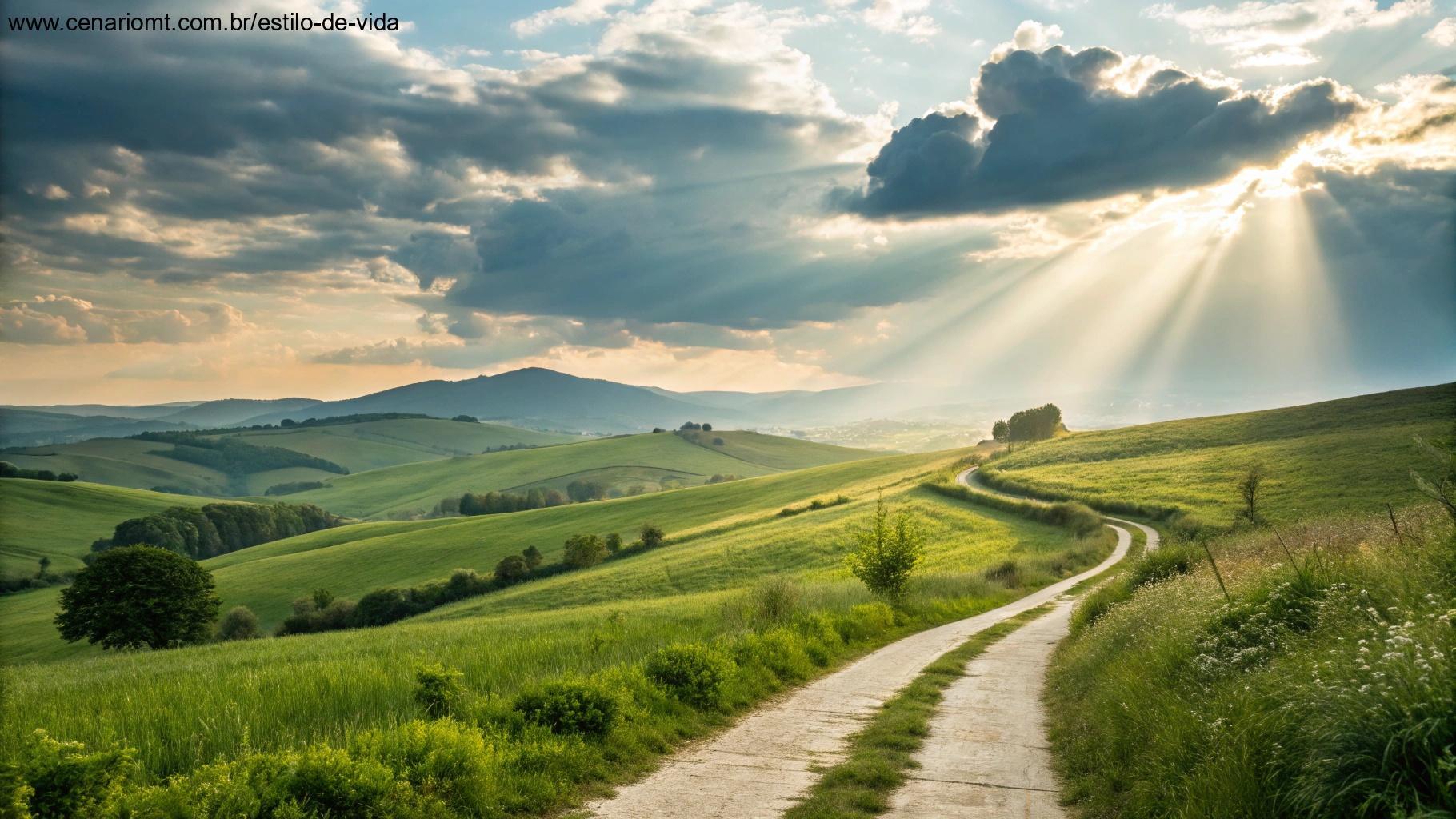 Imagem inspiradora de um caminho que leva por um belo campo, com raios de sol atravessando as nuvens, simbolizando orientação e fé contínua na jornada