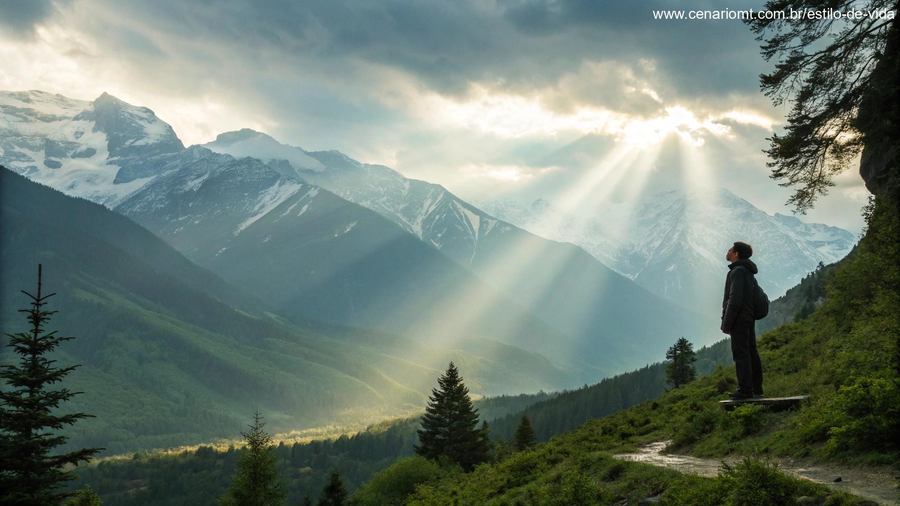 Paisagem inspiradora com pessoa em oração nas montanhas