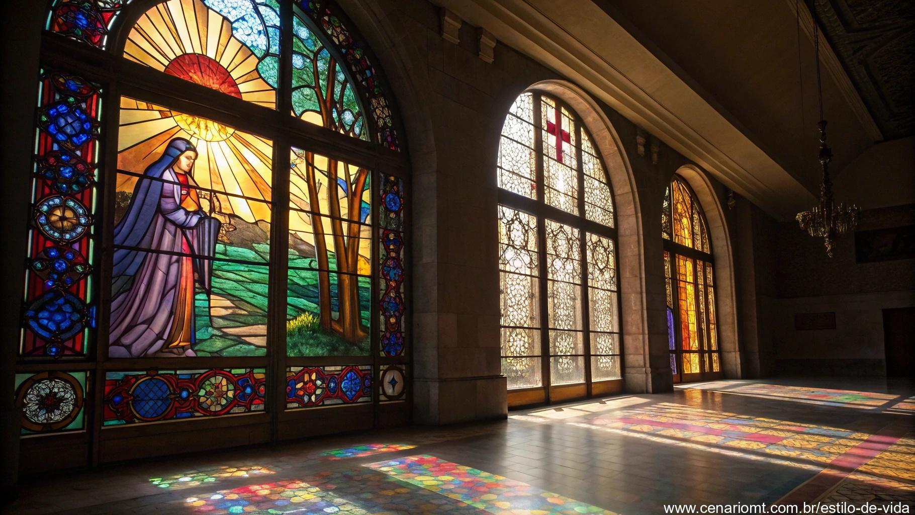 Vitral colorido com motivos religiosos iluminado pela luz do sol