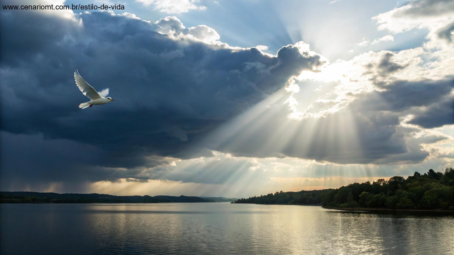 Luz solar entre nuvens sobre lago calmo com pomba branca voando