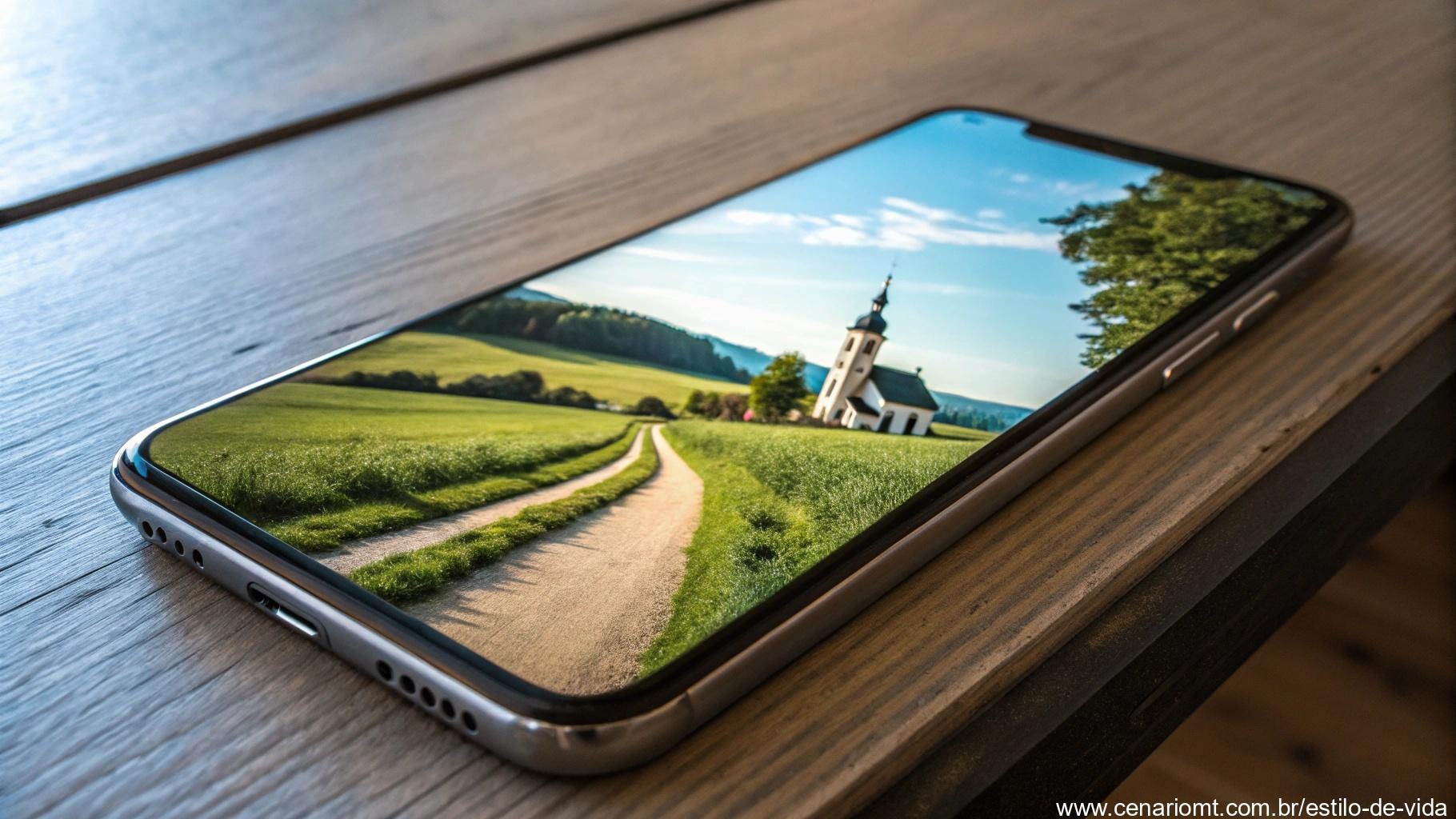 Smartphone sobre uma mesa com tela brilhante mostrando uma paisagem bonita de um caminho que leva a uma igreja, cercado por campos verdes sob céu azul