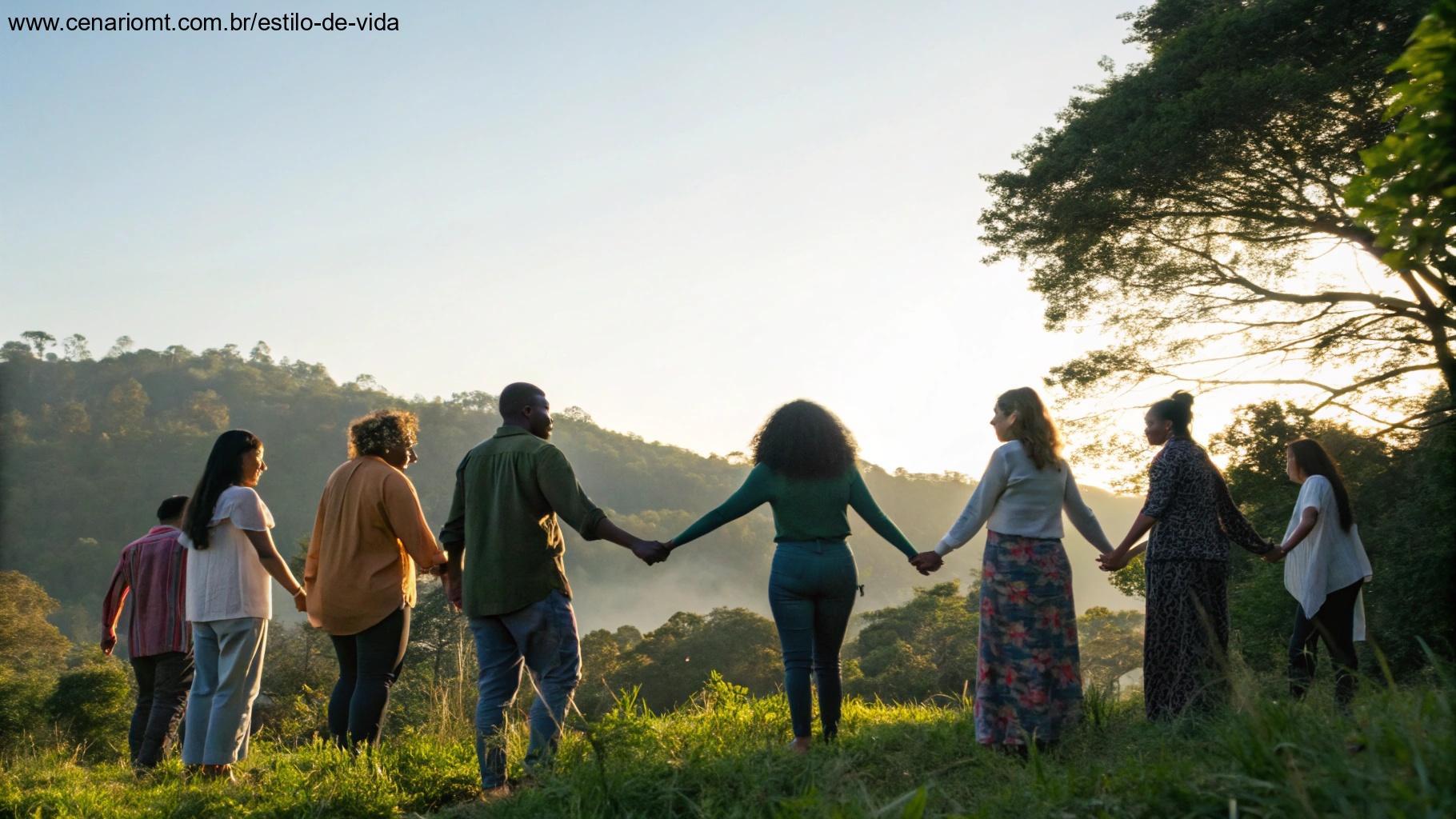 Grupo de pessoas de mãos dadas em um círculo sob a luz da manhã
