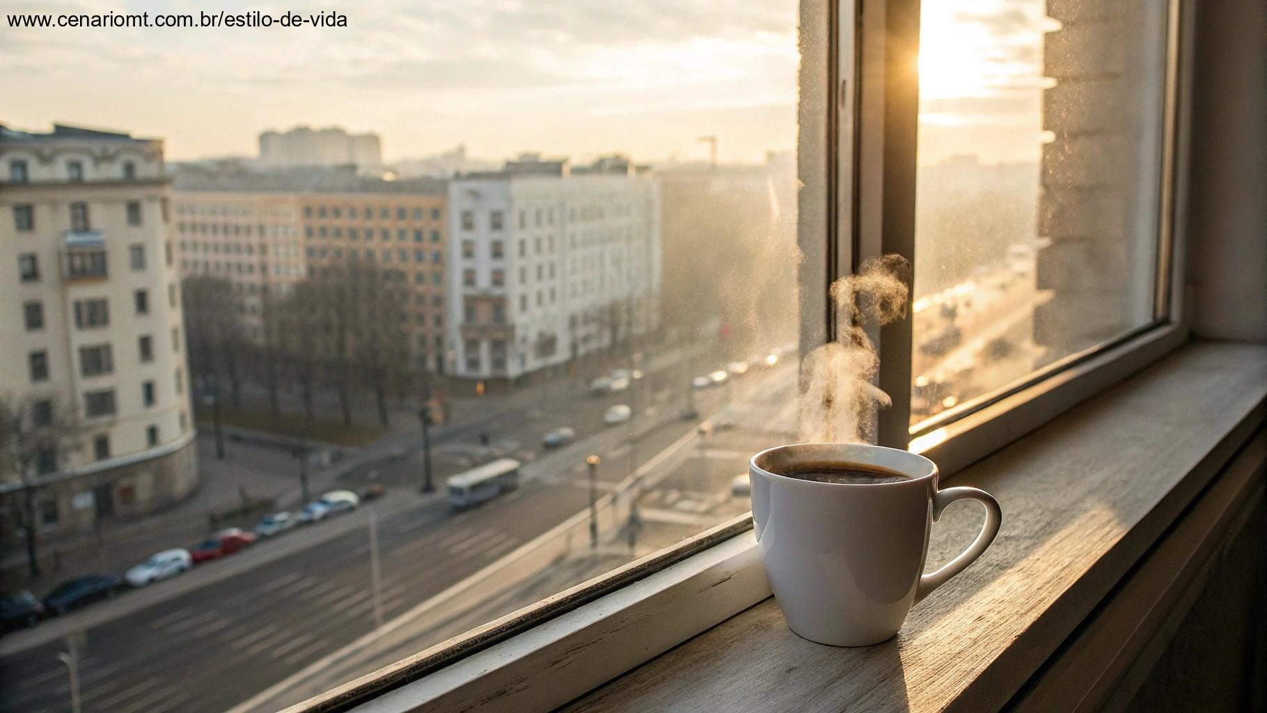 Xícara de café fumegante no parapeito de uma janela com luz matinal entrando, vista para uma cidade acordando