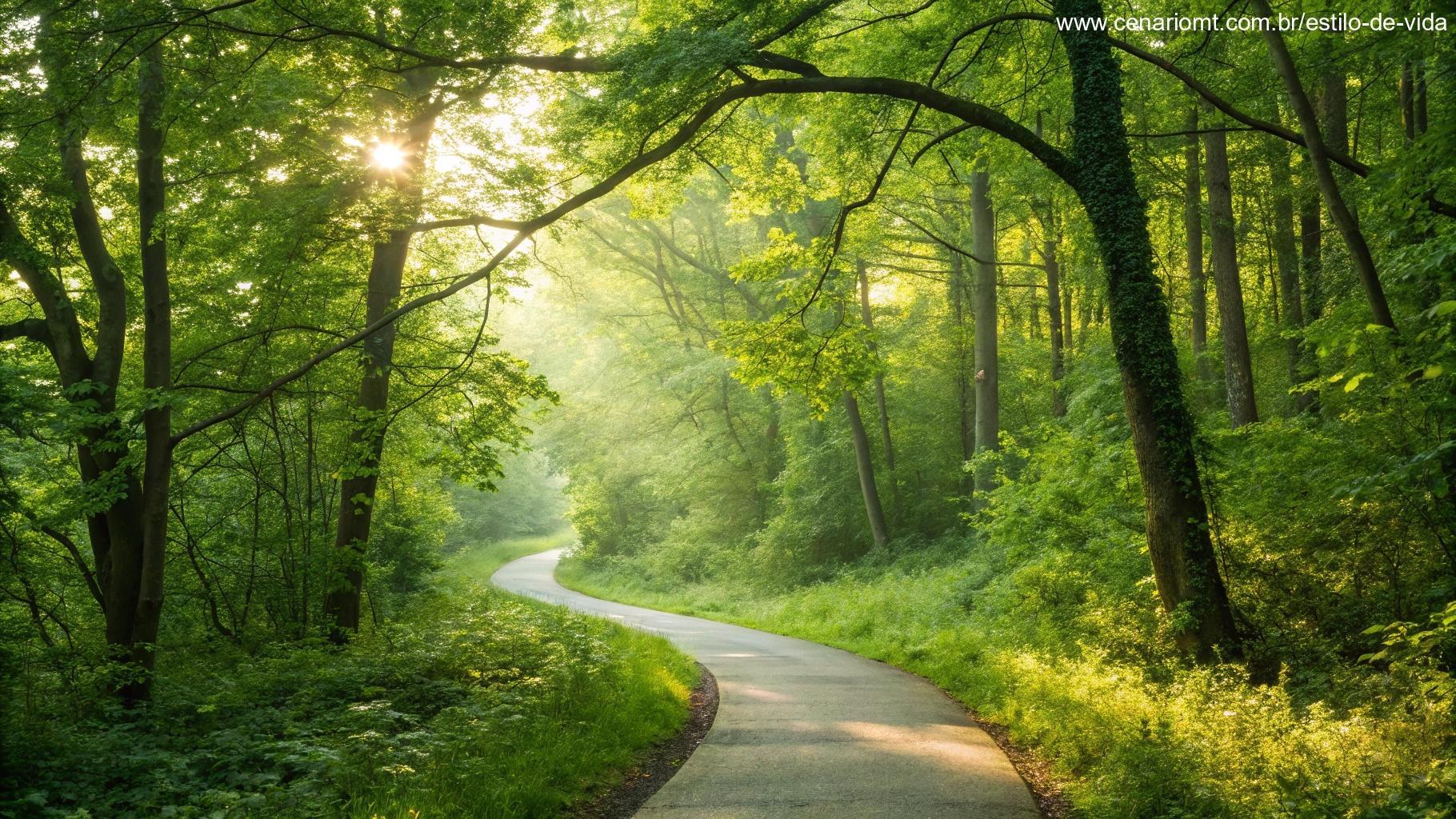 Caminho sinuoso através de uma floresta vibrante com a luz do sol filtrando pelas folhas, levando em direção a um futuro brilhante e esperançoso