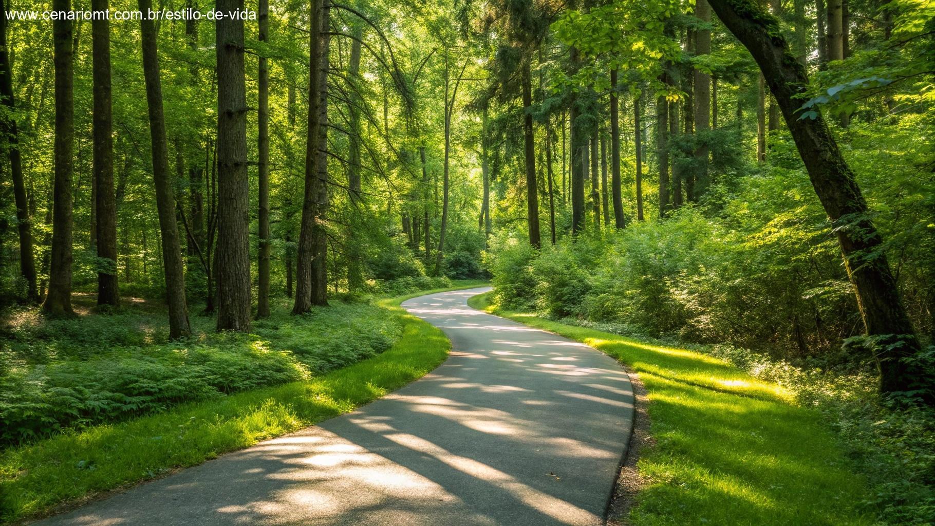 Caminho sinuoso através de uma floresta verdejante com raios de sol filtrando pelas árvores