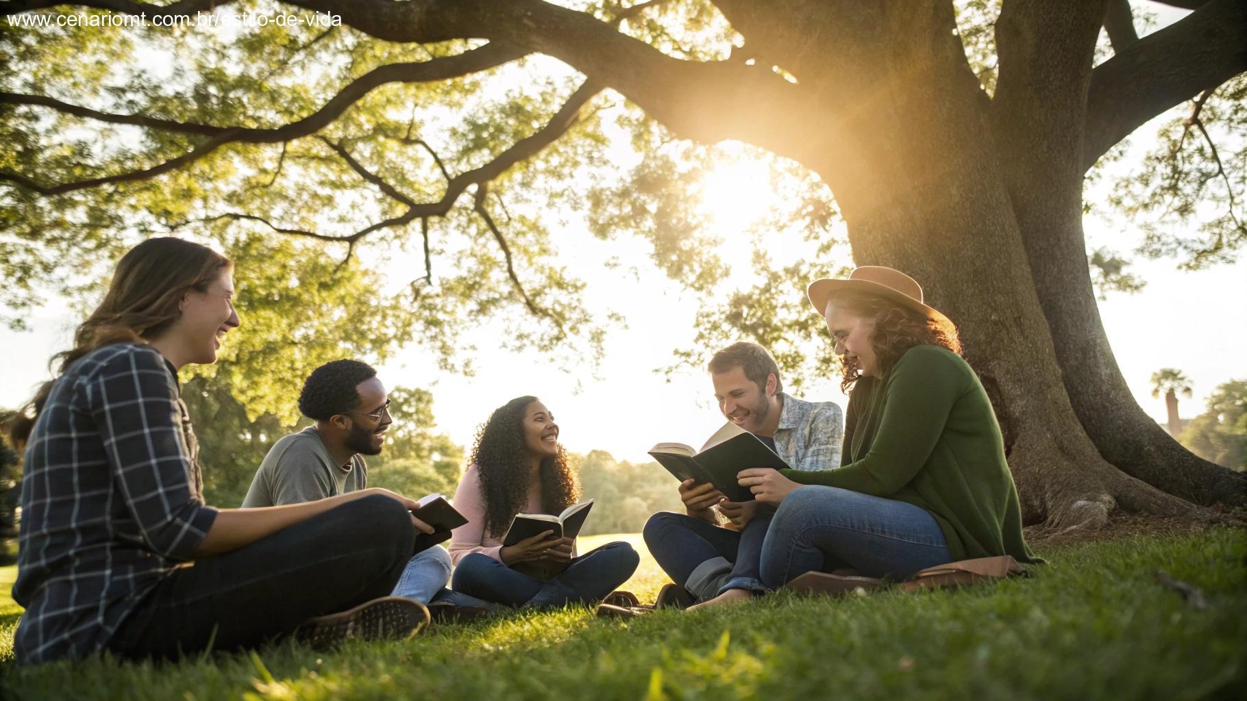 Grupo compartilhando a Palavra em um parque ensolarado