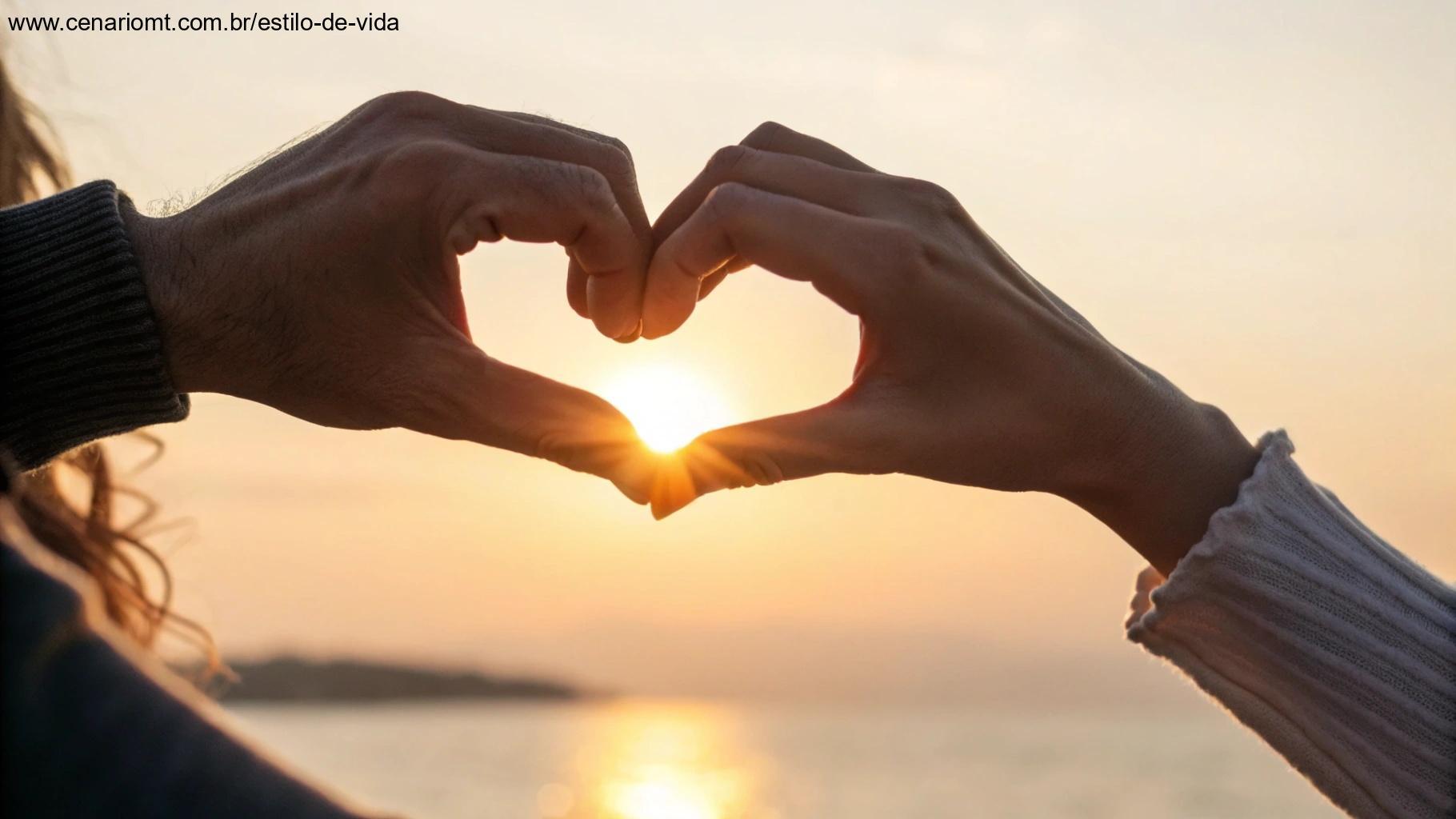 Imagem acolhedora de duas mãos formando um coração com o sol brilhando atrás delas, simbolizando amor e positividade.